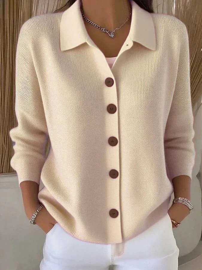 Women's Collared Button-Front Polyester Cardigan
