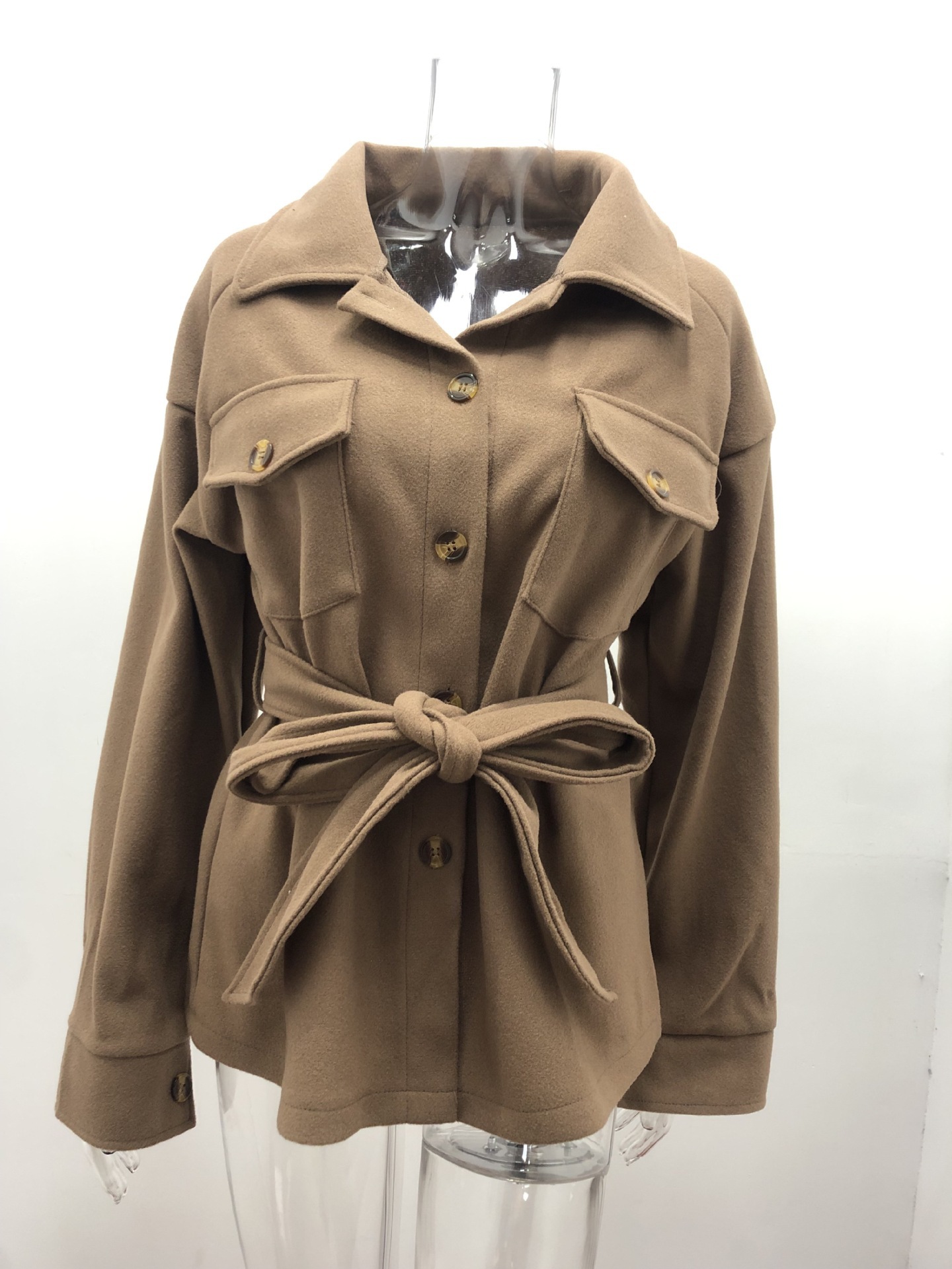 Women's Khaki Belted Button-Front Jacket