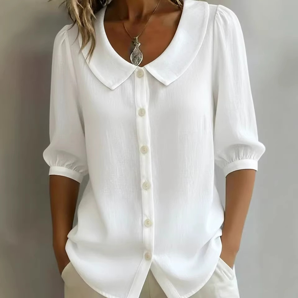 Women’s White Collared Short-Sleeve Polyester Blouse