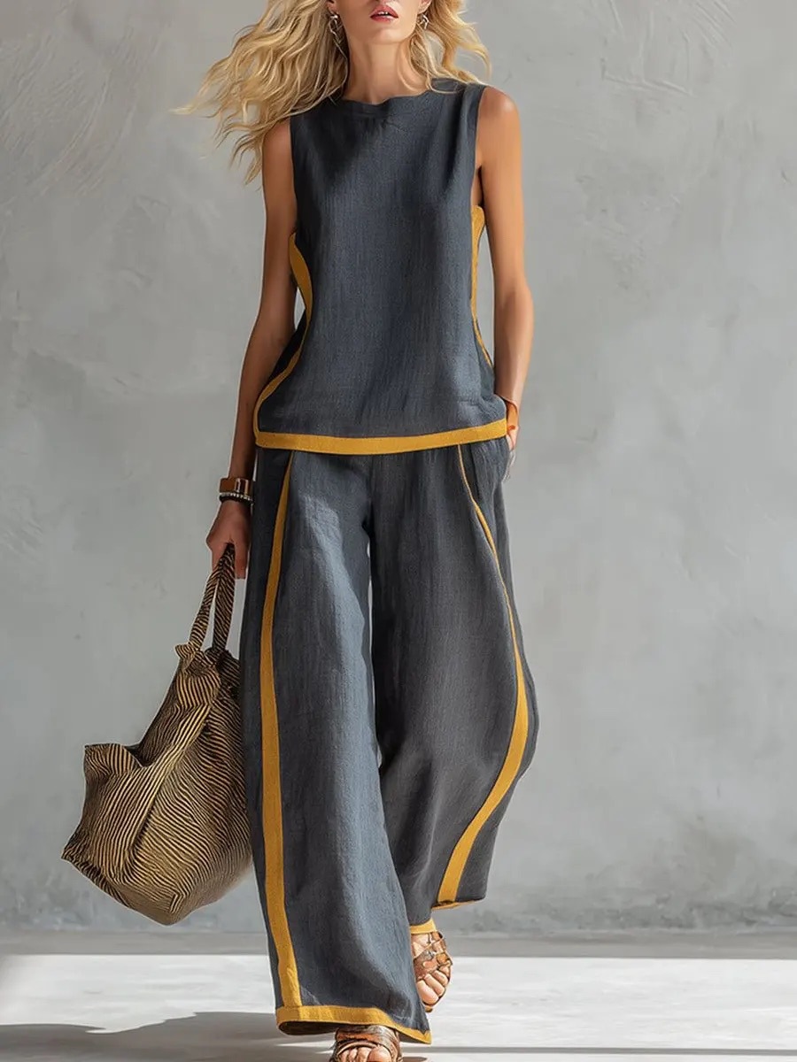 Women’s Gray Contrast-Trim Sleeveless Top and Wide-Leg Pants Set