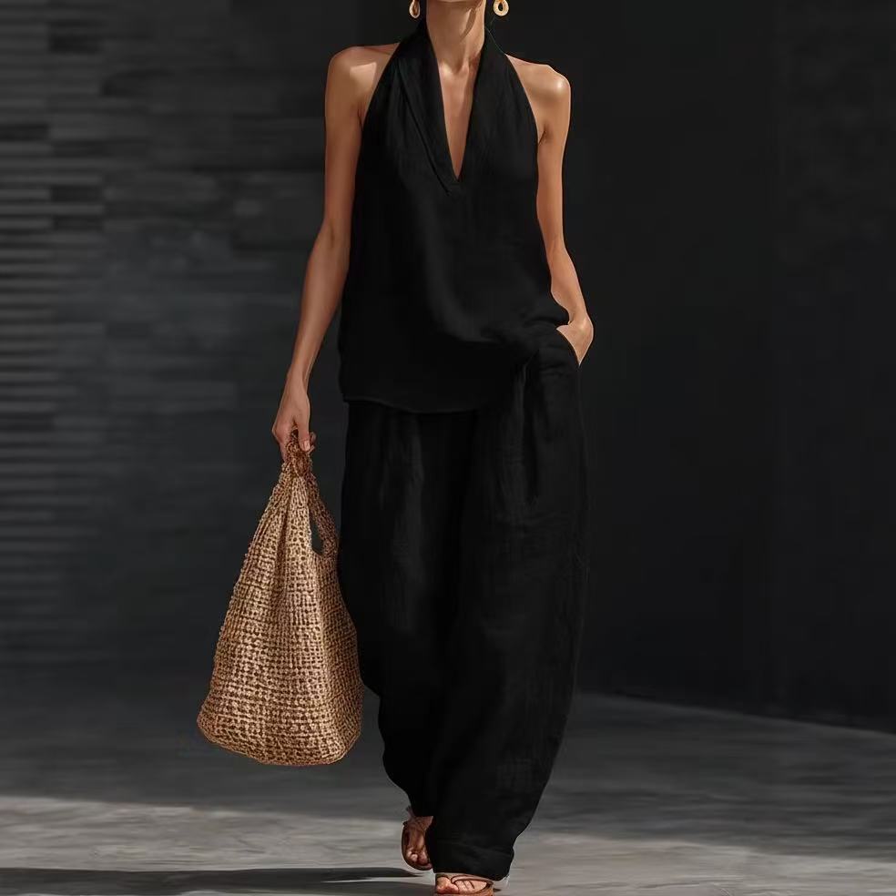Women's Black Halter Top and Wide-Leg Pants Set