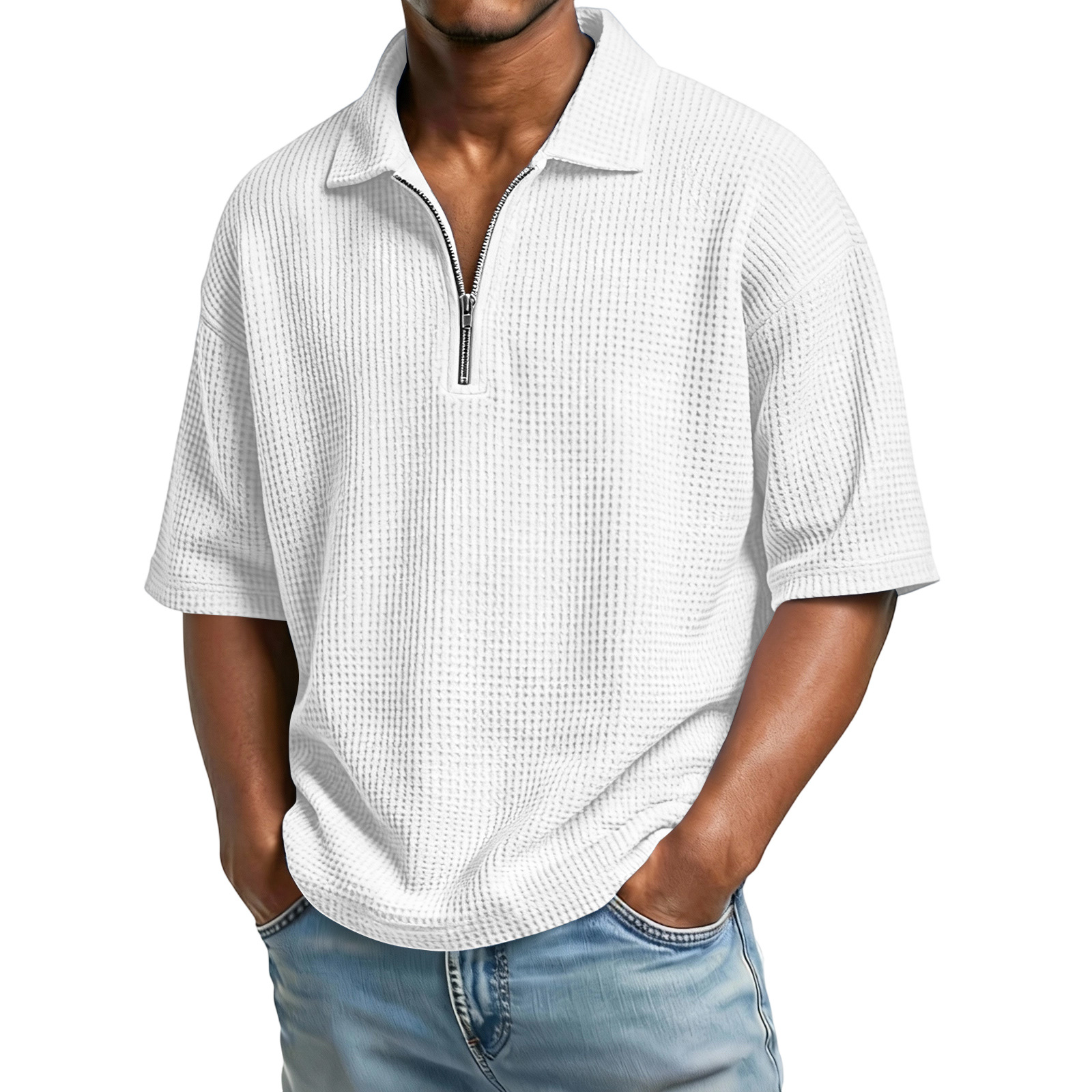 Men's Waffle-Texture Zip-Neck Polo Shirt