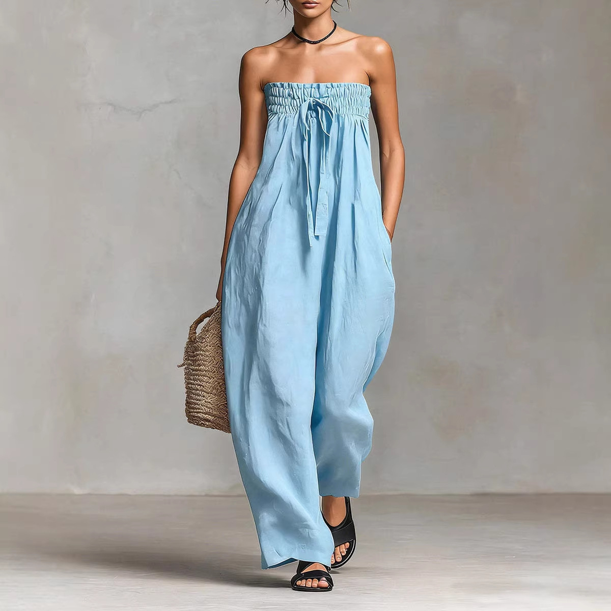 Women's Sky Blue Strapless Tie-Front Jumpsuit