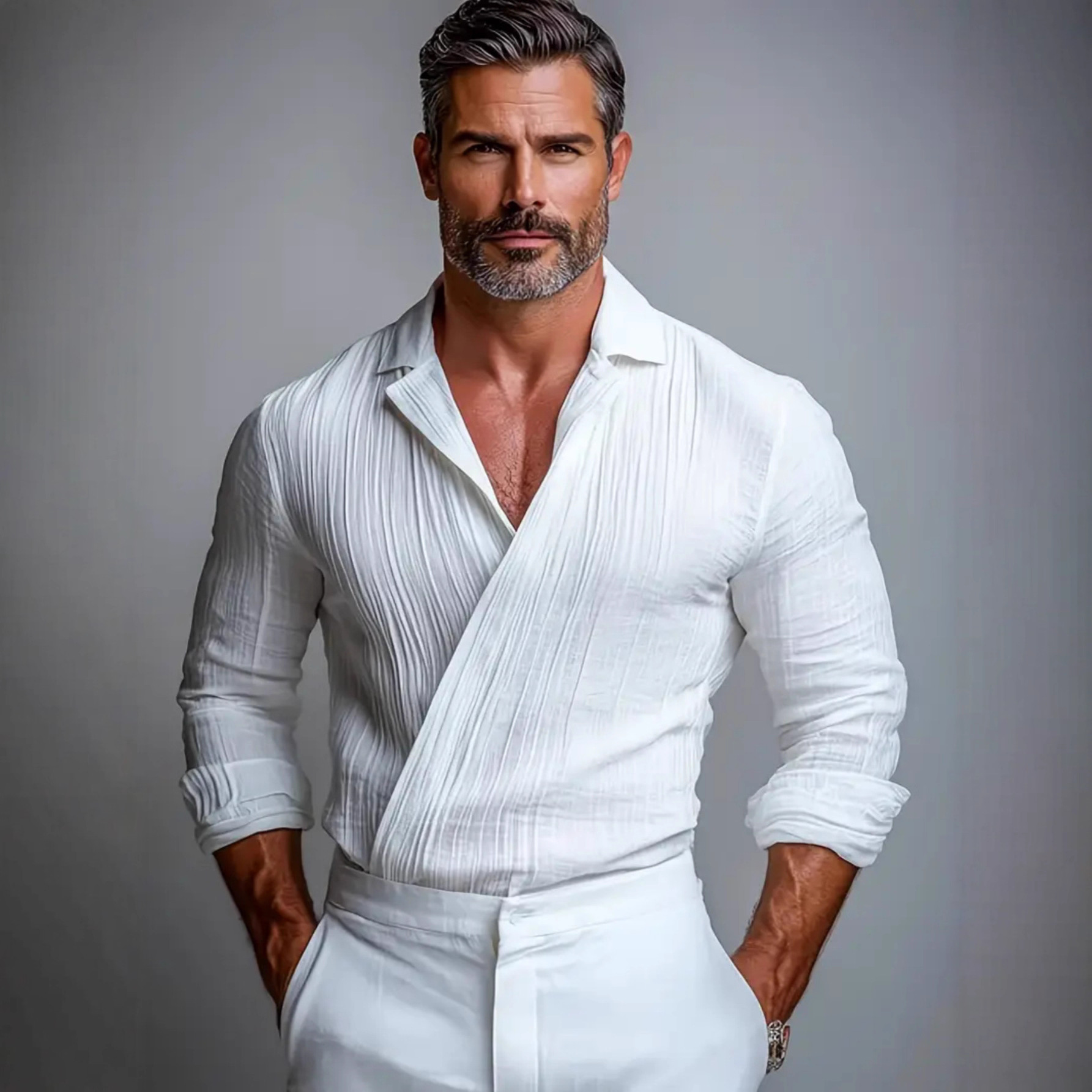 White Long-Sleeve Collared Pullover Shirt