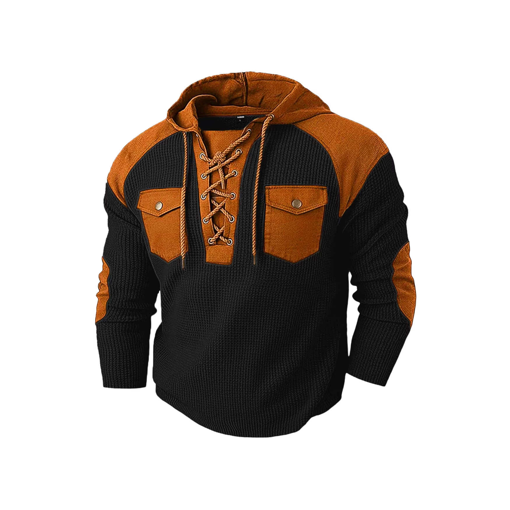 Black and Orange Lace-Up Hooded Pullover