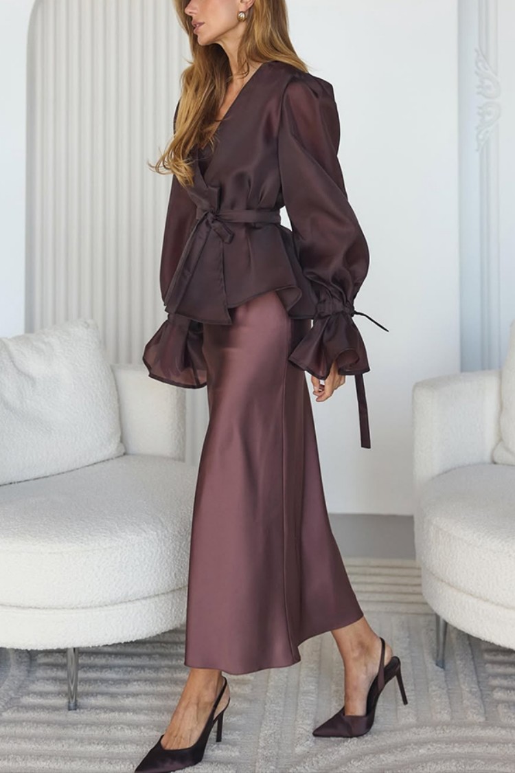 Brown long-sleeve tie-front shirt and dress set