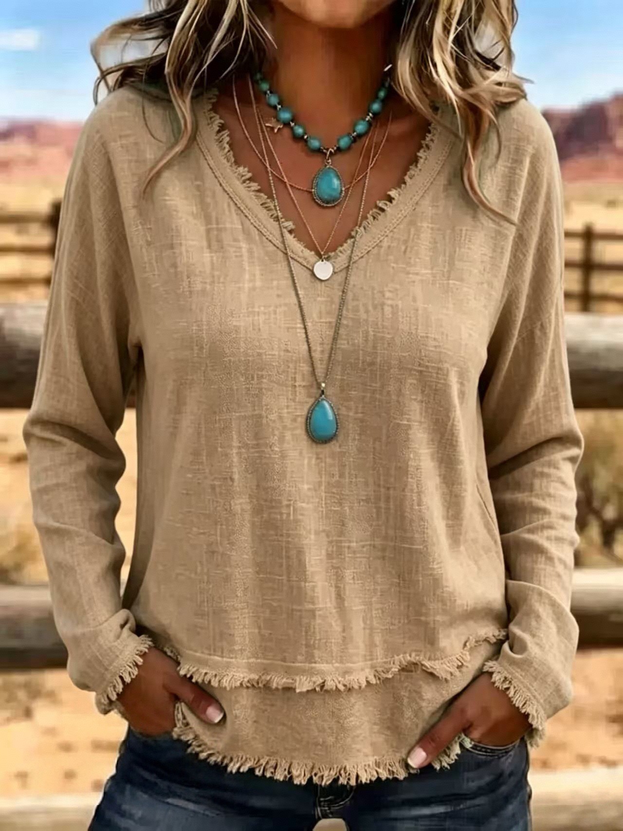 Women's Polyester V-Neck Fringe-Trim Top