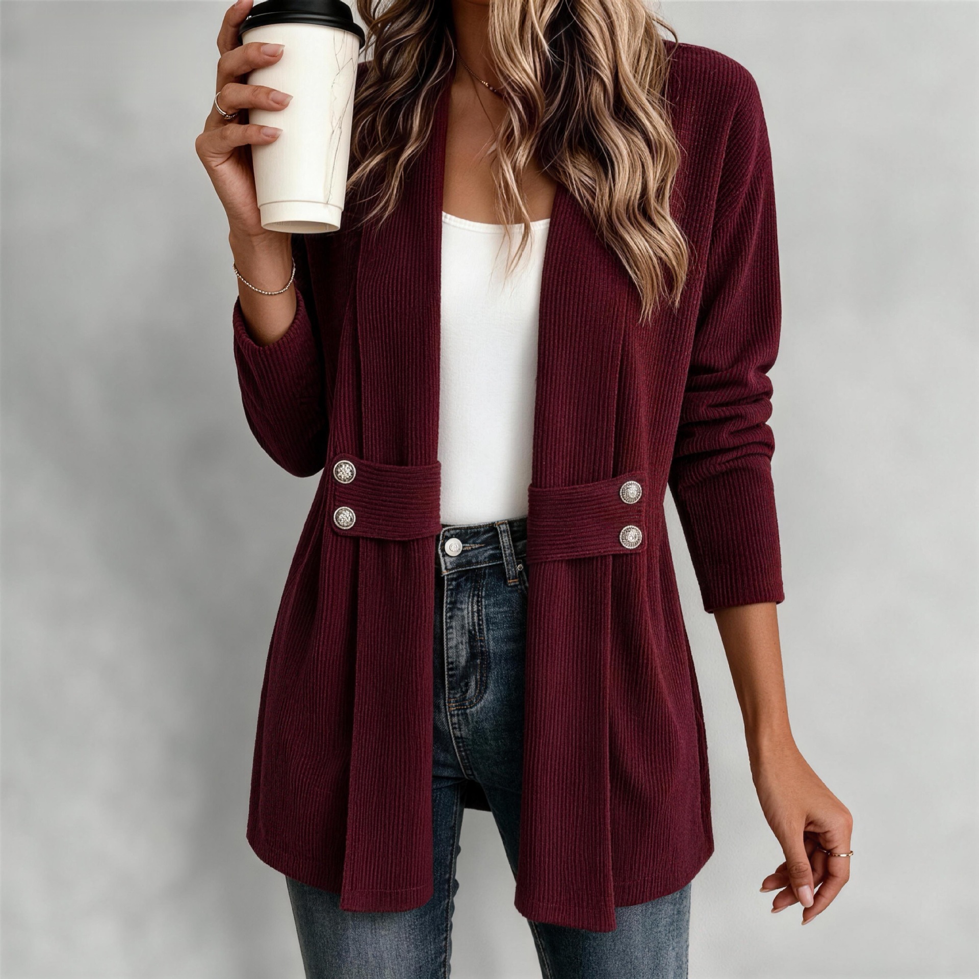 Women's Wine Red Ribbed Open-Front Jacket