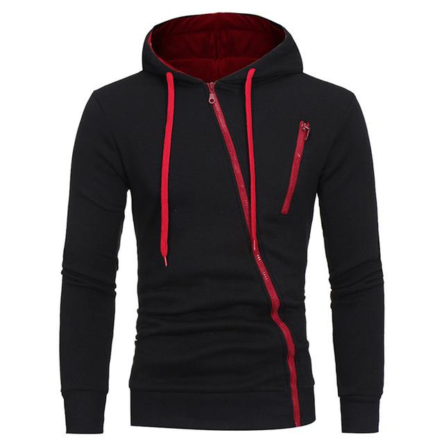 Black and Red Diagonal-Zip Hooded Jacket