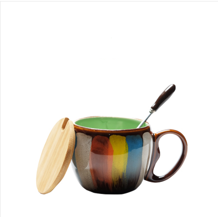 Green Ceramic Mug with Lid and Spoon, 350 ml