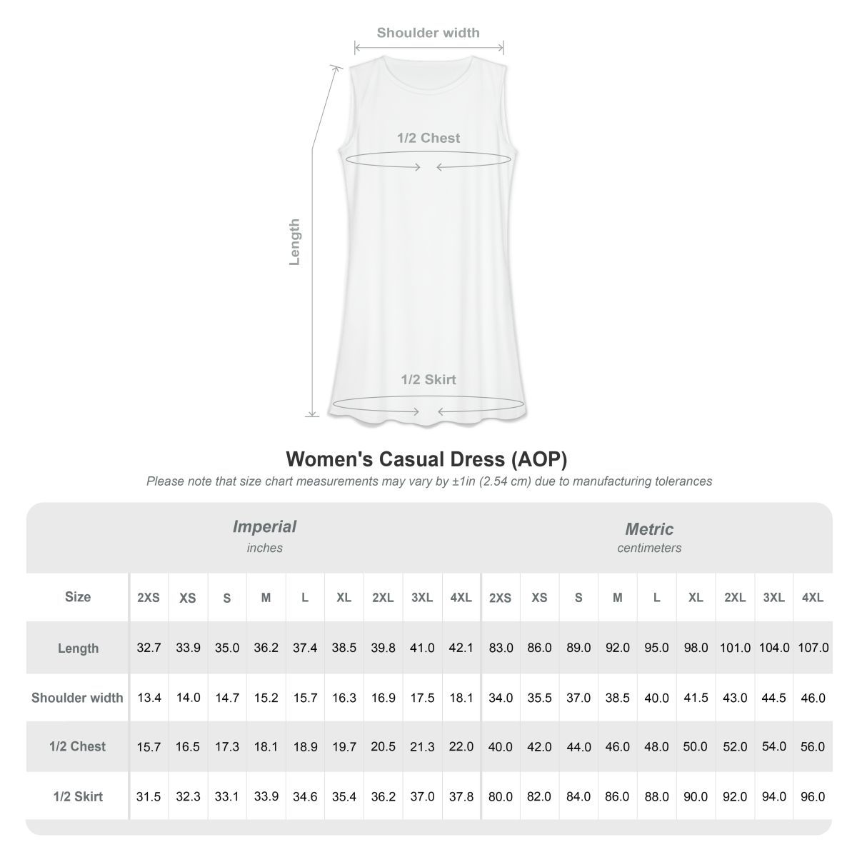 Size chart from 2XS through 4XL with length, shoulder width, half-chest and half-skirt measurements