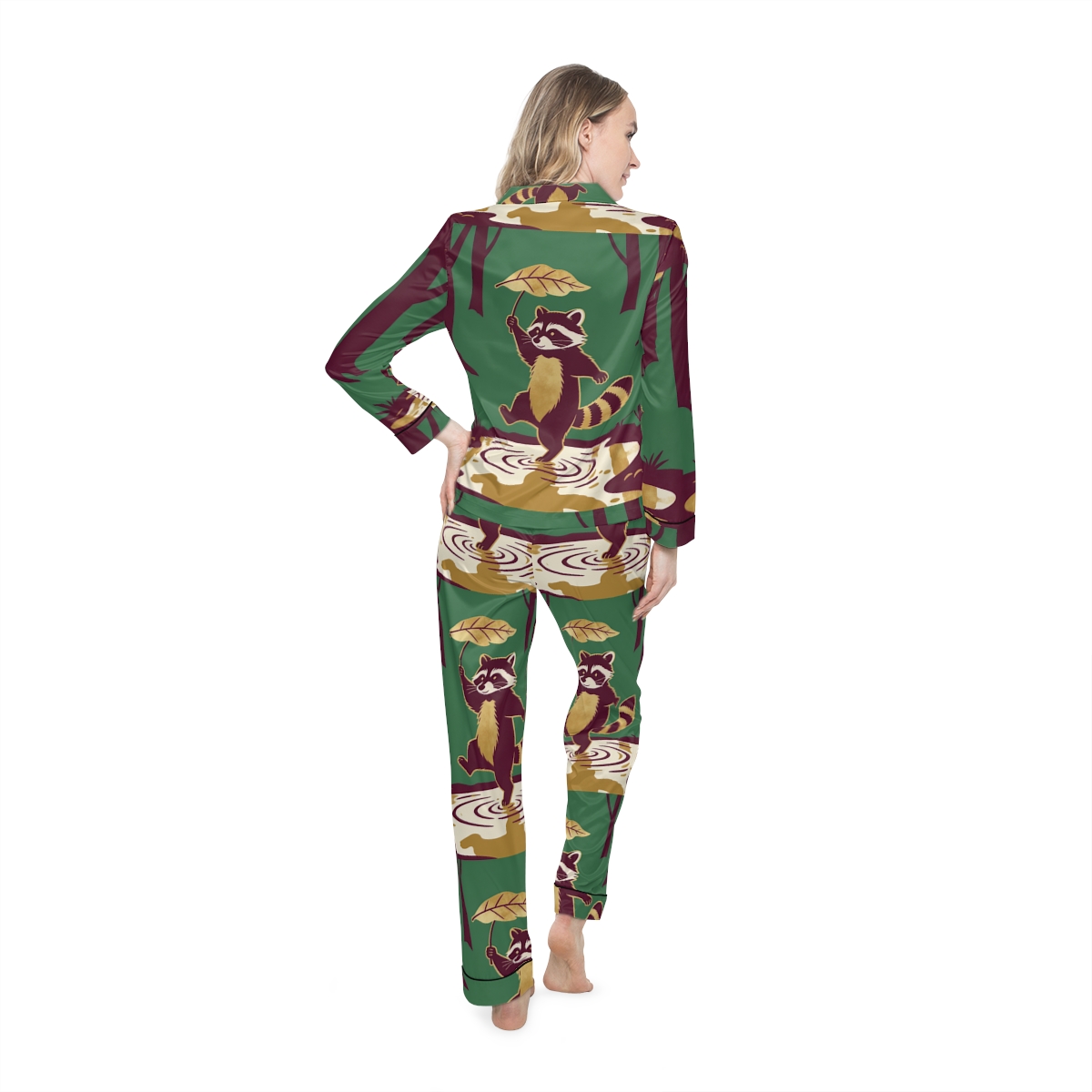 HD Leafstep Raccoon Women’s Satin Pajama Set — additional view