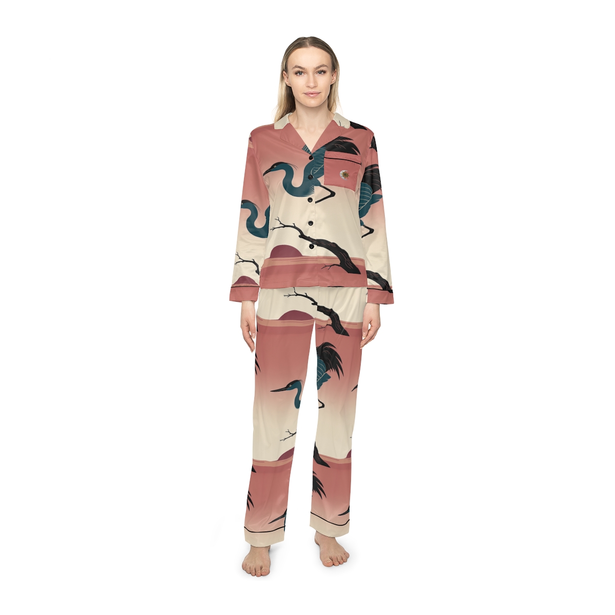 HD Twilight Heron Women’s Satin Pajama Set, other view.