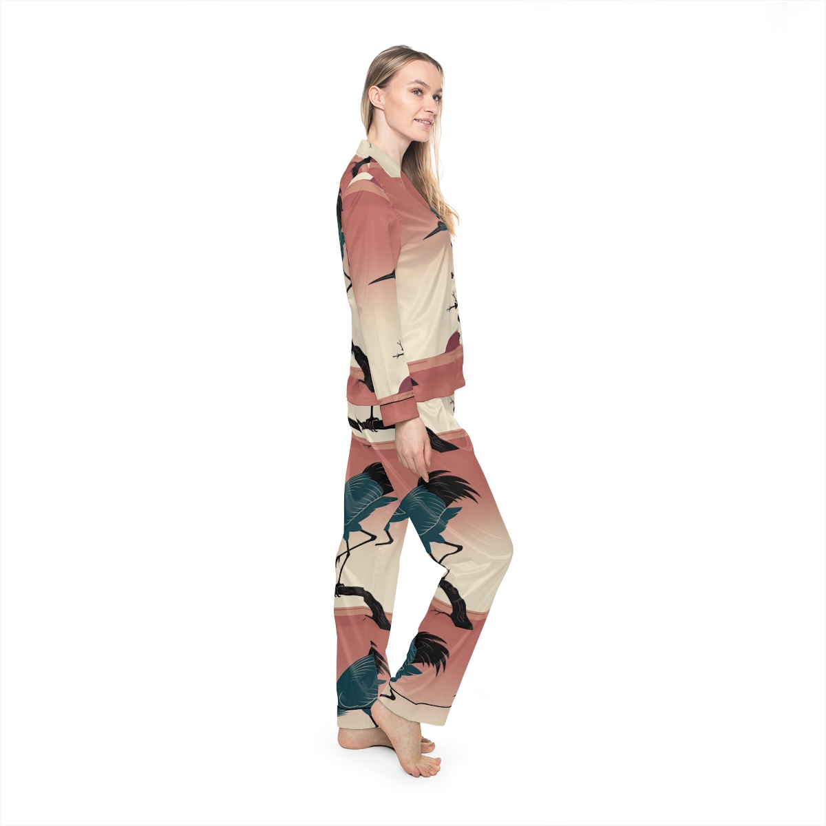 HD Twilight Heron Women’s Satin Pajama Set, other view.