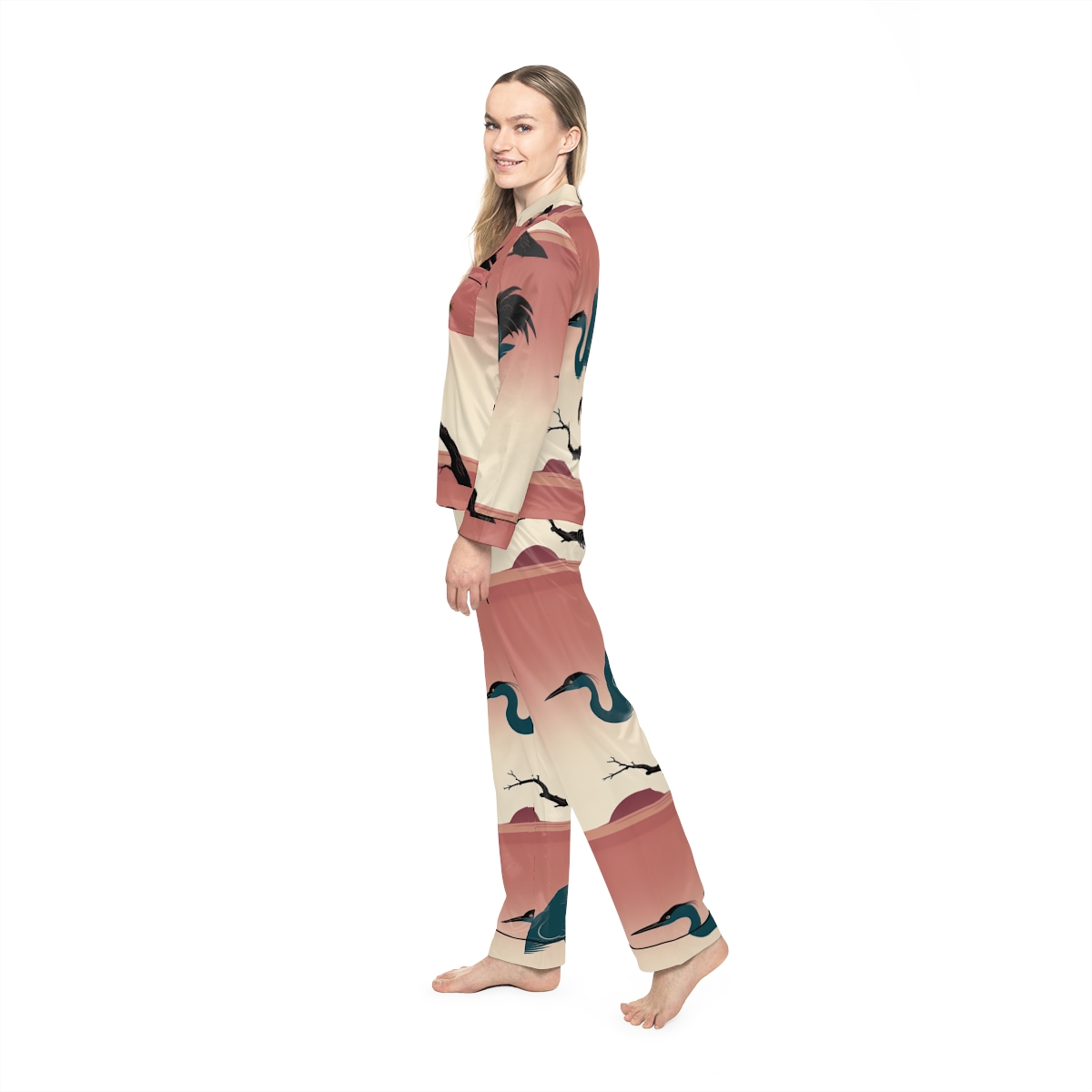 HD Twilight Heron Women’s Satin Pajama Set, other view.