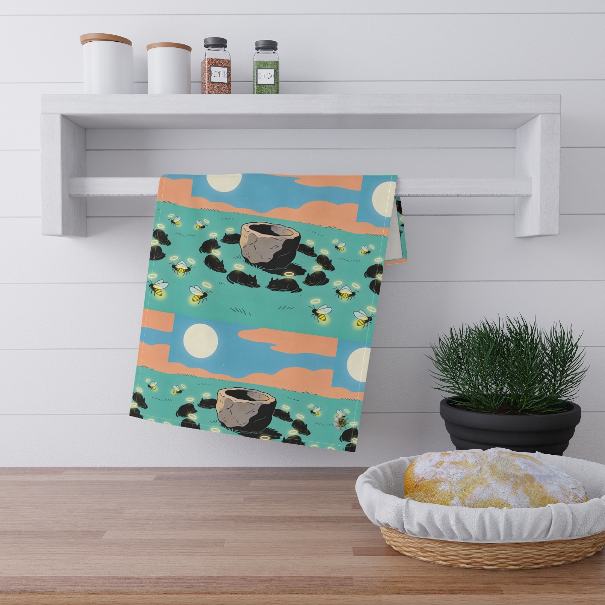HD Moonhalo Cat Circle 100% Cotton Twill Tea Towel