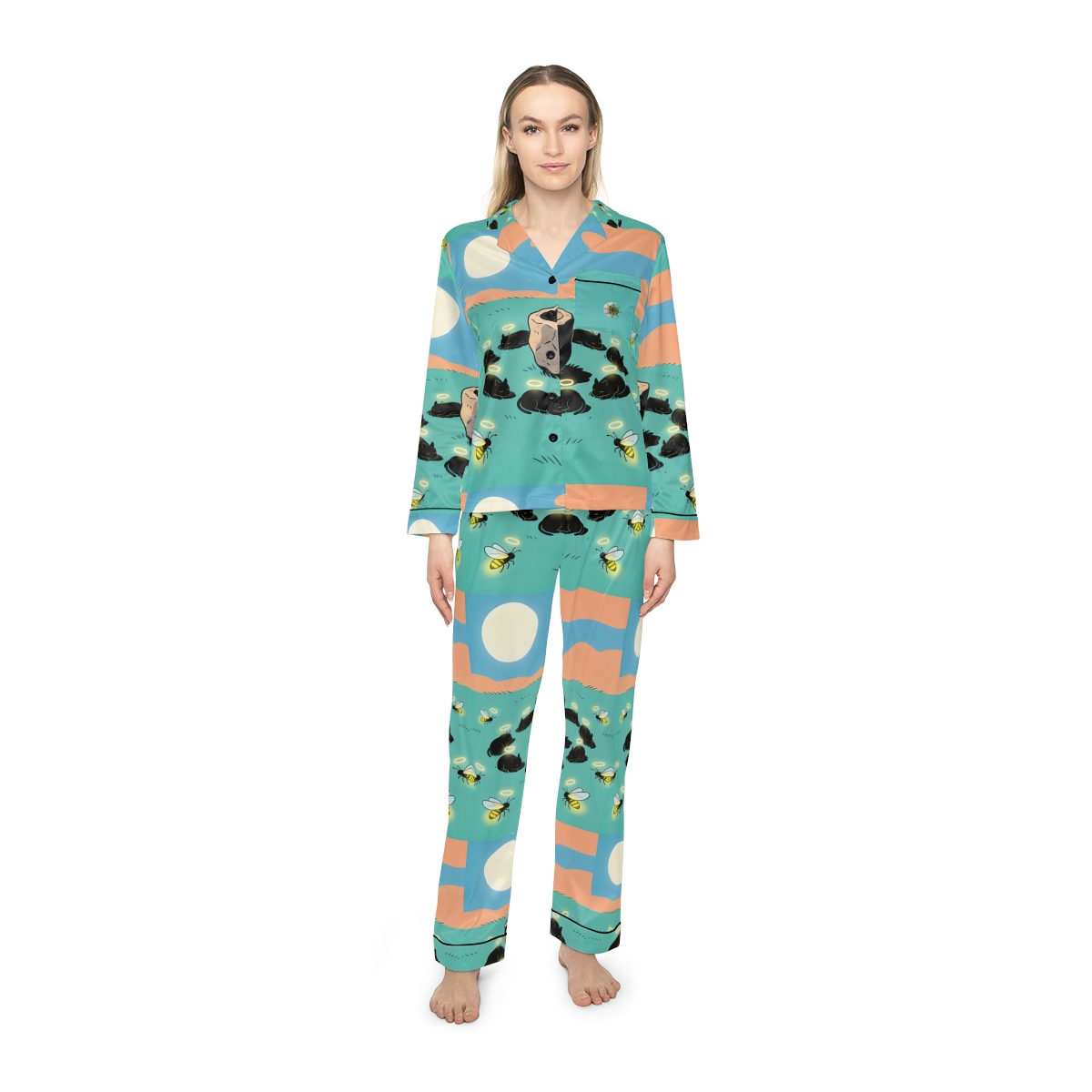 HD Moonhalo Cat Circle Women’s Satin Pajama Set, other view.