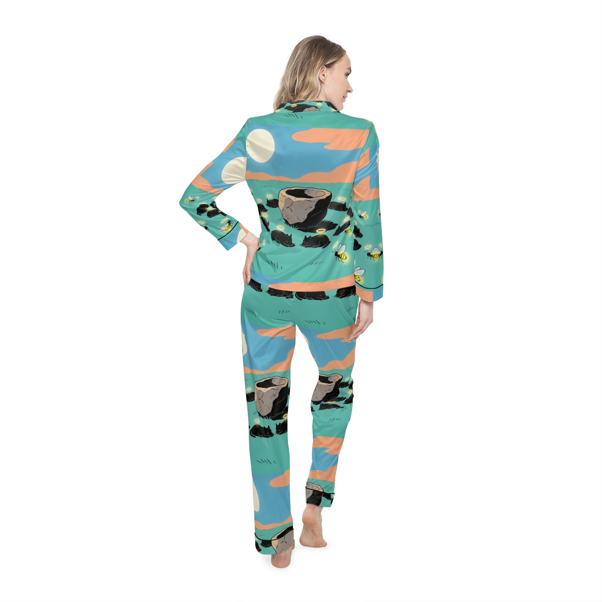 HD Moonhalo Cat Circle Women’s Satin Pajama Set, other view.