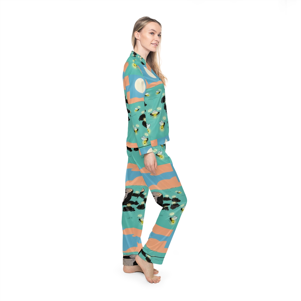 HD Moonhalo Cat Circle Women’s Satin Pajama Set, other view.