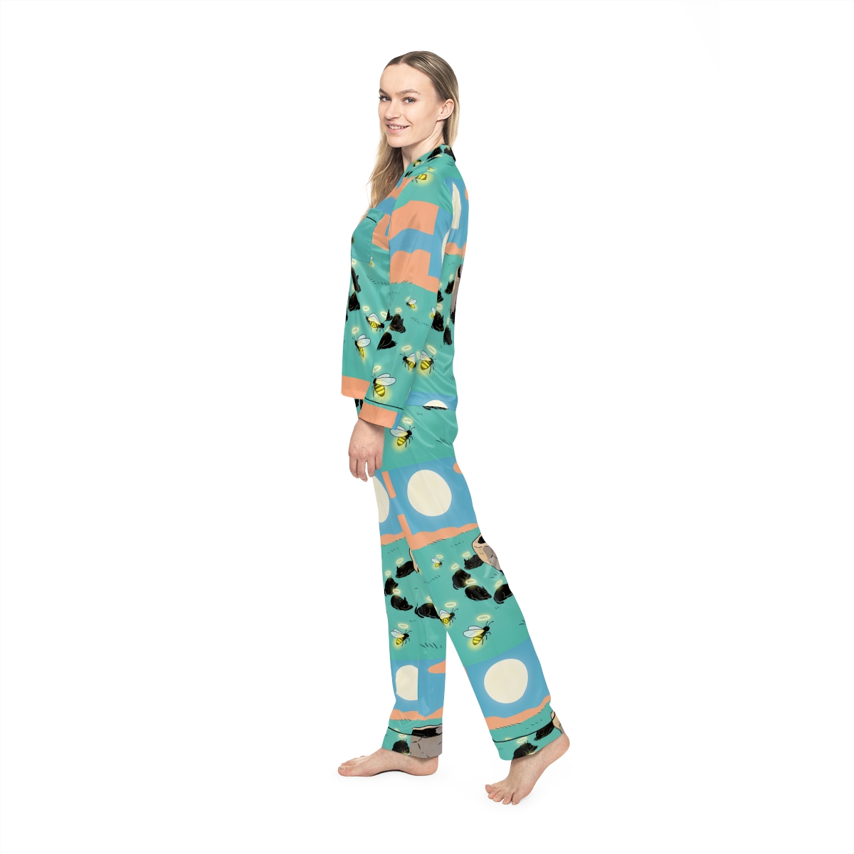 HD Moonhalo Cat Circle Women’s Satin Pajama Set, other view.