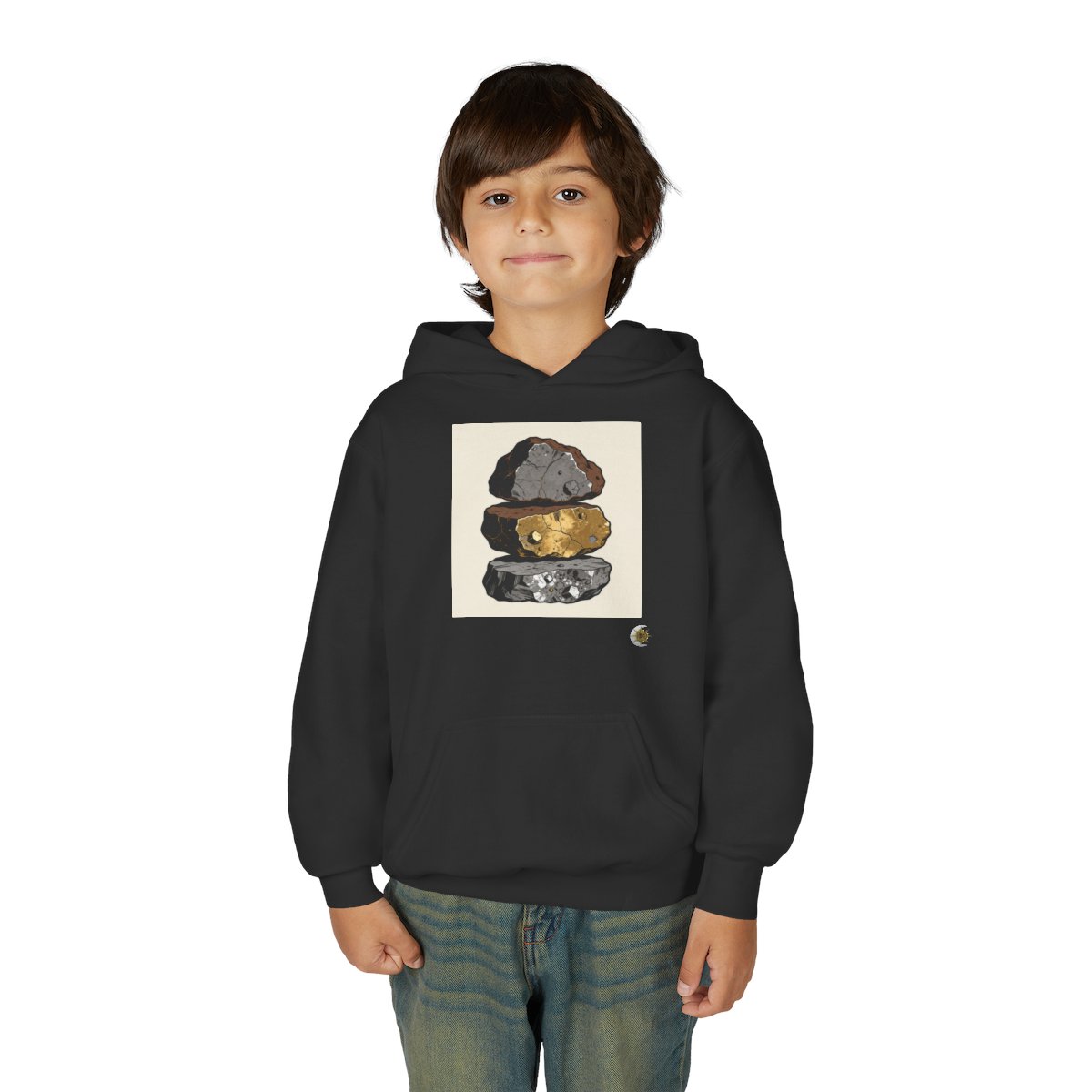 HD Mineral Layers Youth Pullover Hoodie in Black, person 1 front view.