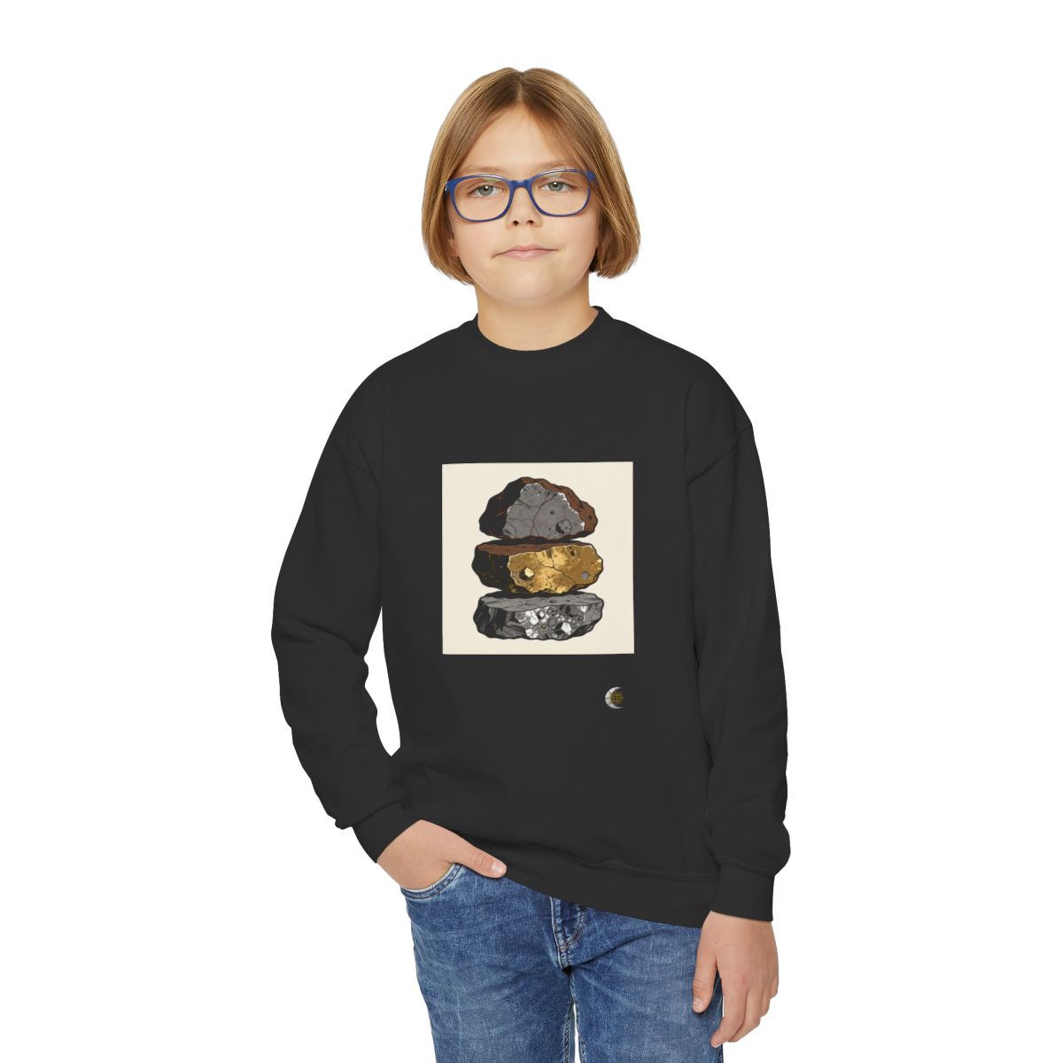 HD Mineral Layers Youth Crewneck Sweatshirt in Black, person front 1 view.