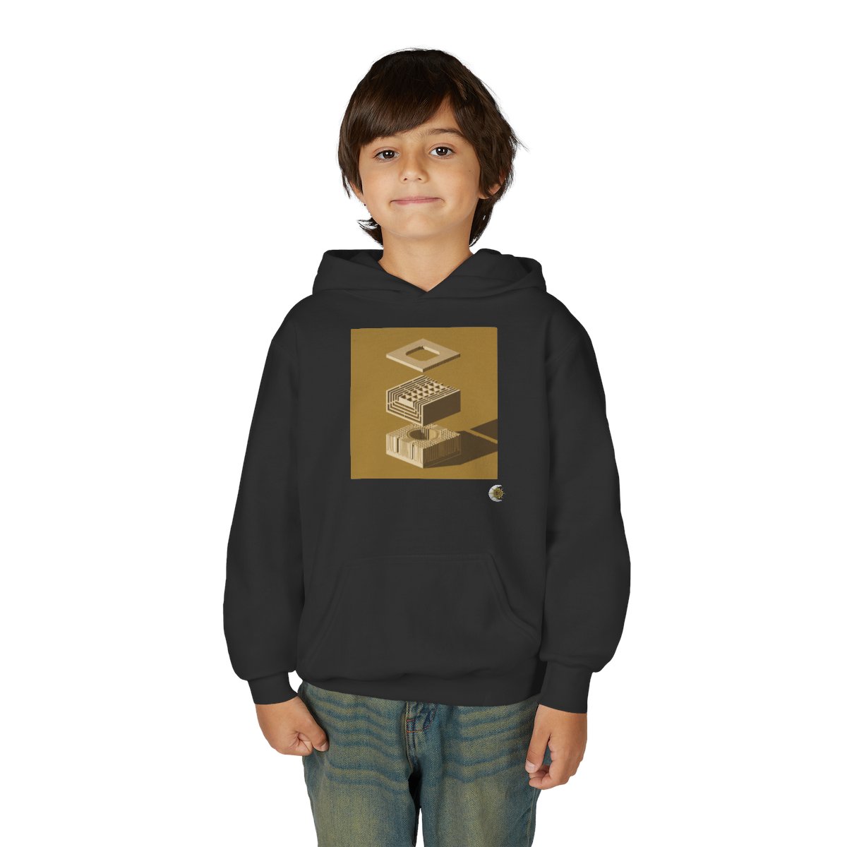 HD Ochre Lattice Youth Pullover Hoodie in Black, person 1 front view.