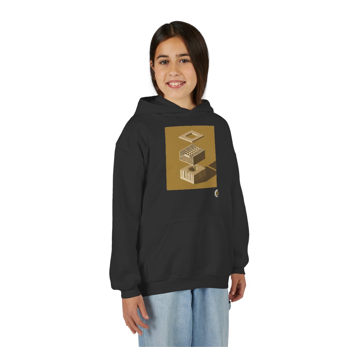 HD Ochre Lattice Youth Pullover Hoodie in Black, person 2 front view.