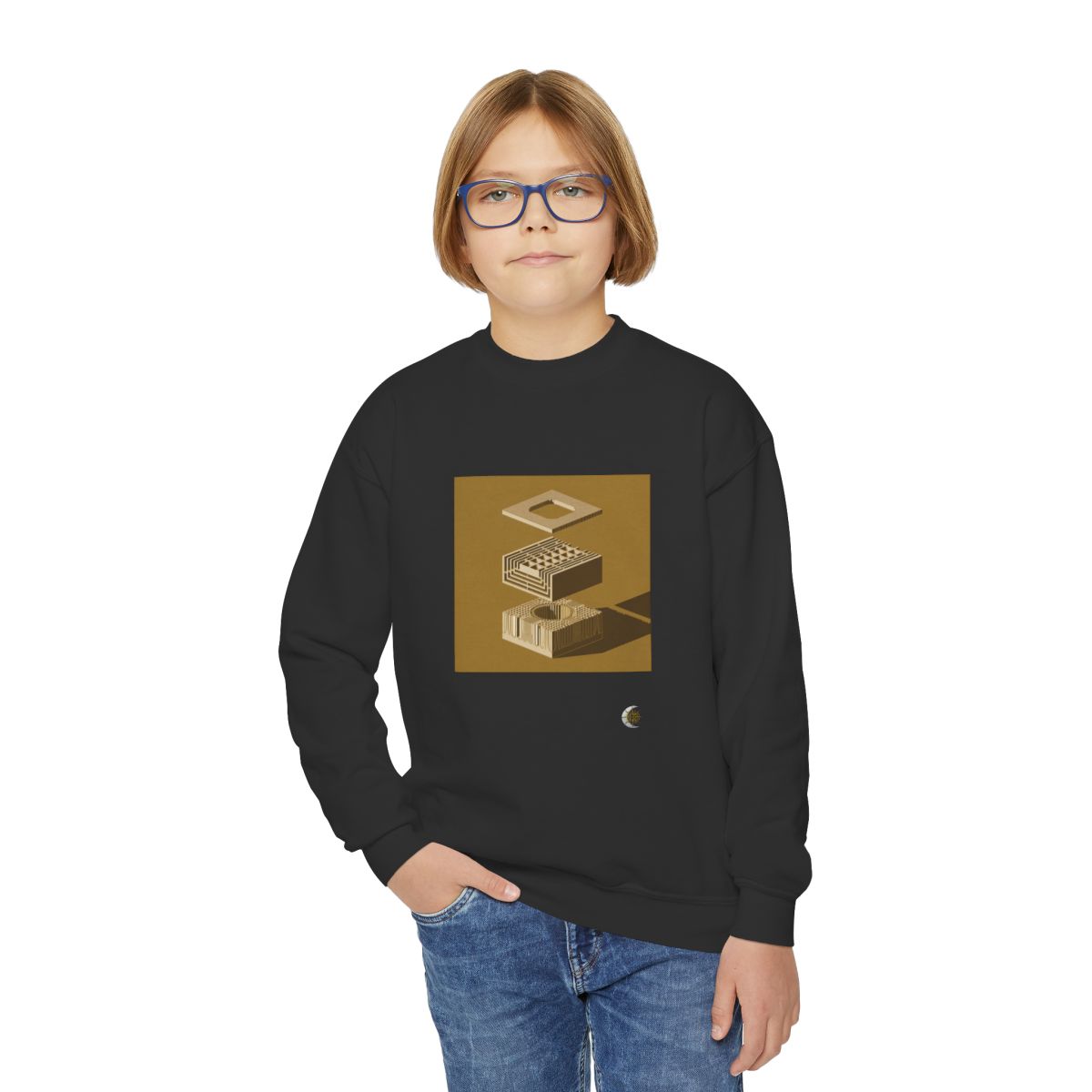 HD Ochre Lattice Youth Crewneck Sweatshirt in Black, person front 1 view.