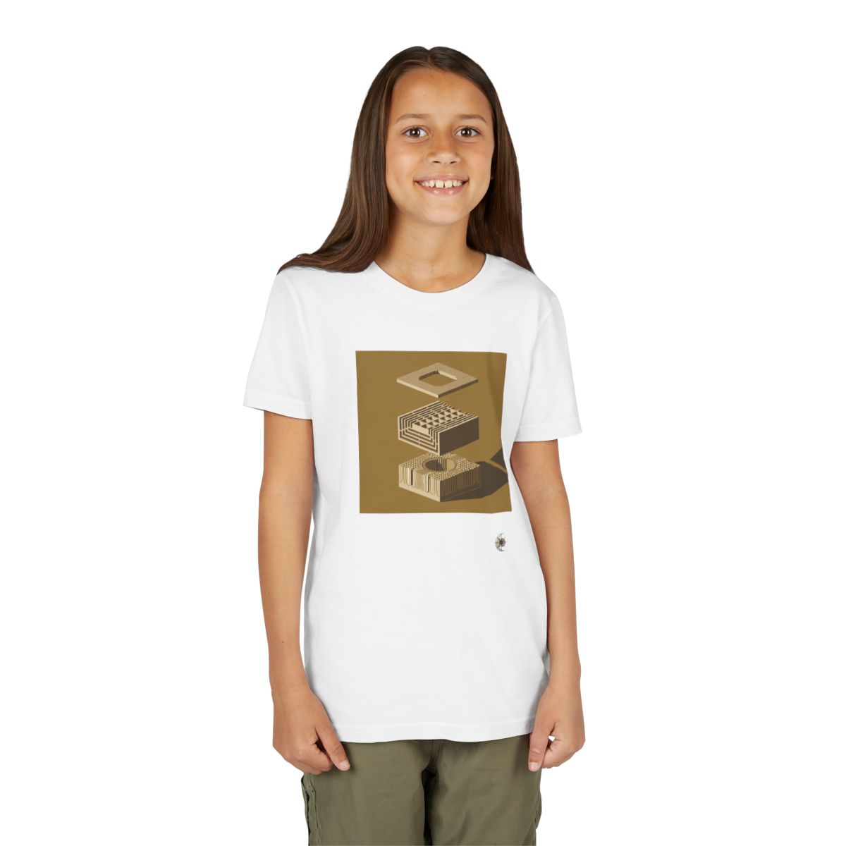 HD Ochre Lattice Youth Short Sleeve Tee in White, person 1 front view.