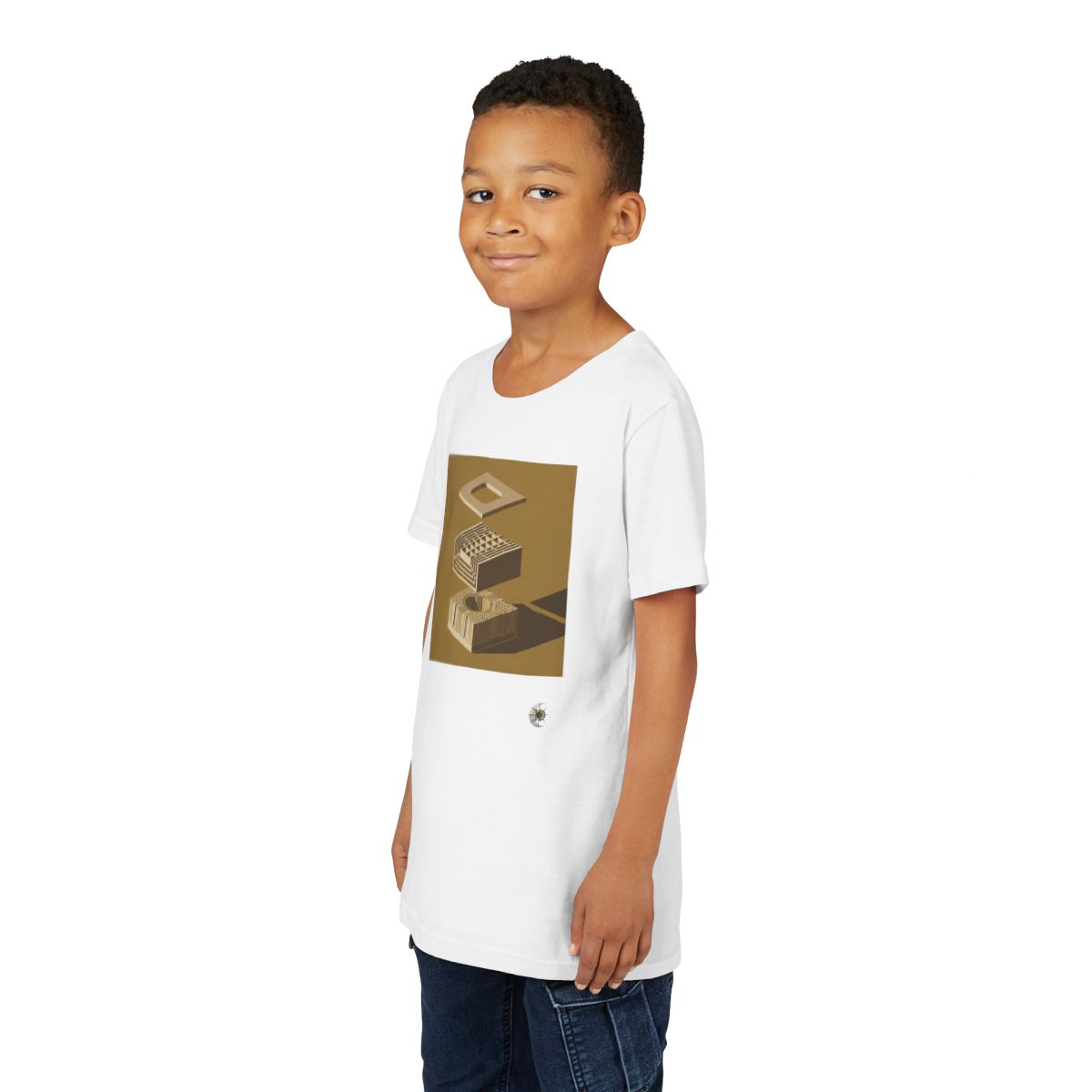 HD Ochre Lattice Youth Short Sleeve Tee in White, person 2 front view.