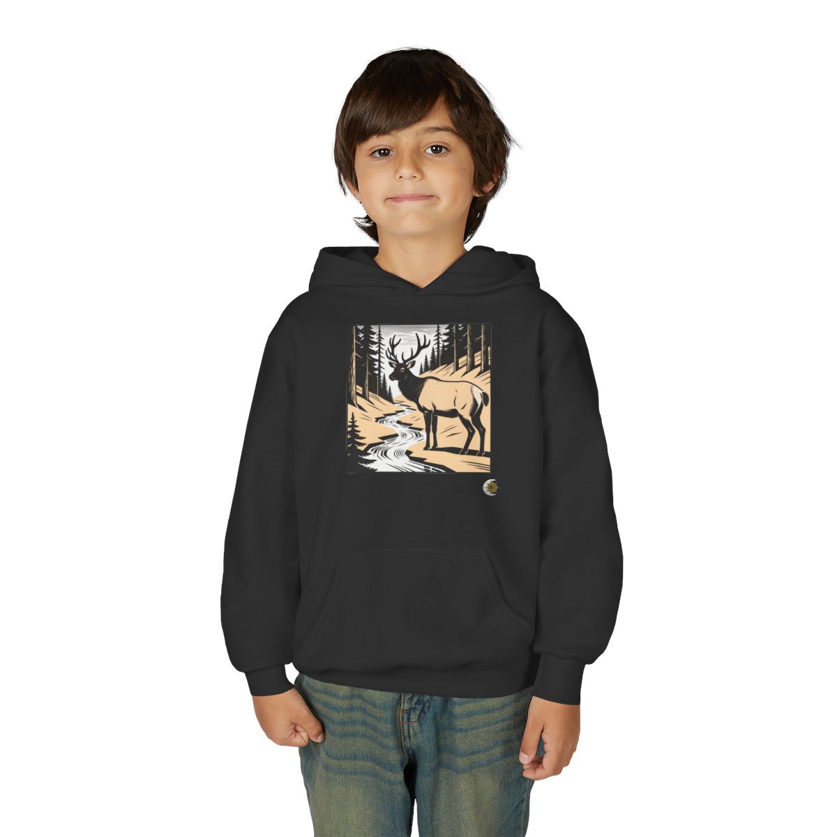 HD Creekside Stag Youth Pullover Hoodie in Black, person 1 front view.