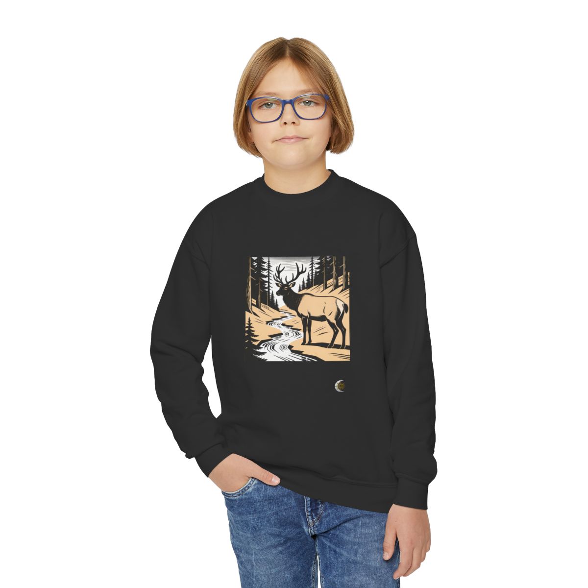 HD Creekside Stag Youth Crewneck Sweatshirt in Black, person front 1 view.