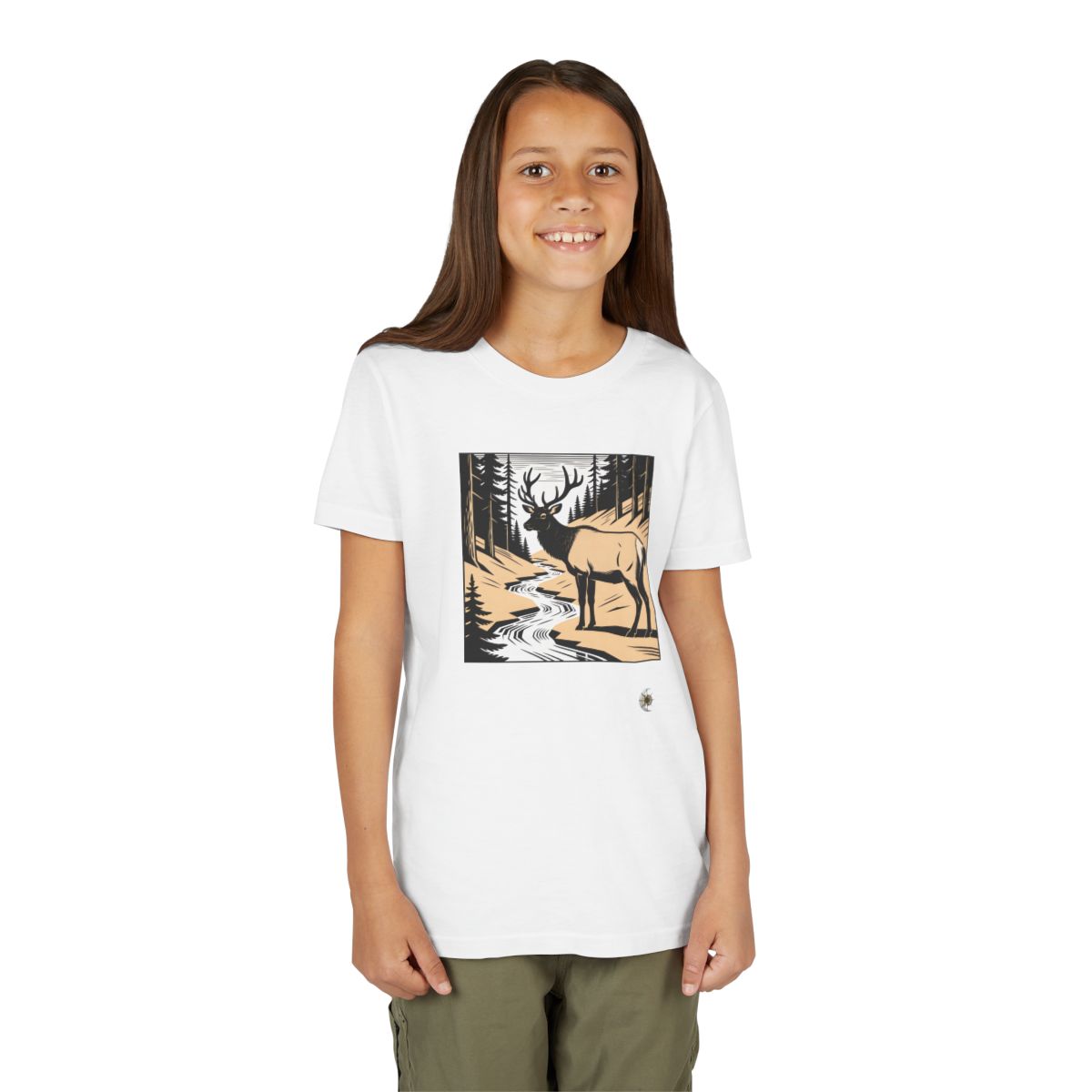 HD Creekside Stag Youth Short Sleeve Tee in White, person 1 front view.