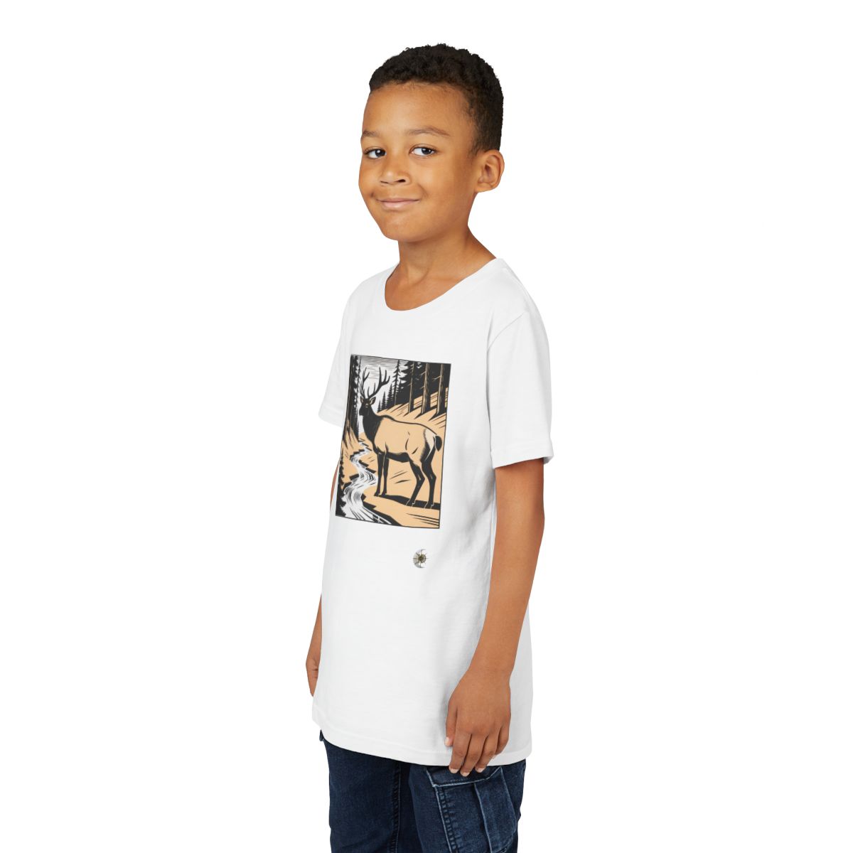 HD Creekside Stag Youth Short Sleeve Tee in White, person 2 front view.