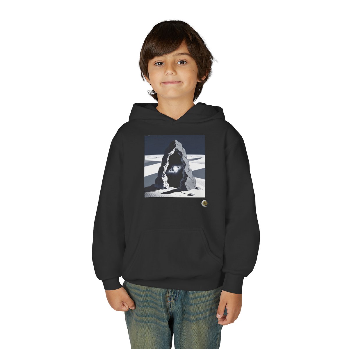 HD Celestial Gateway Youth Pullover Hoodie in Black, person 1 front view.