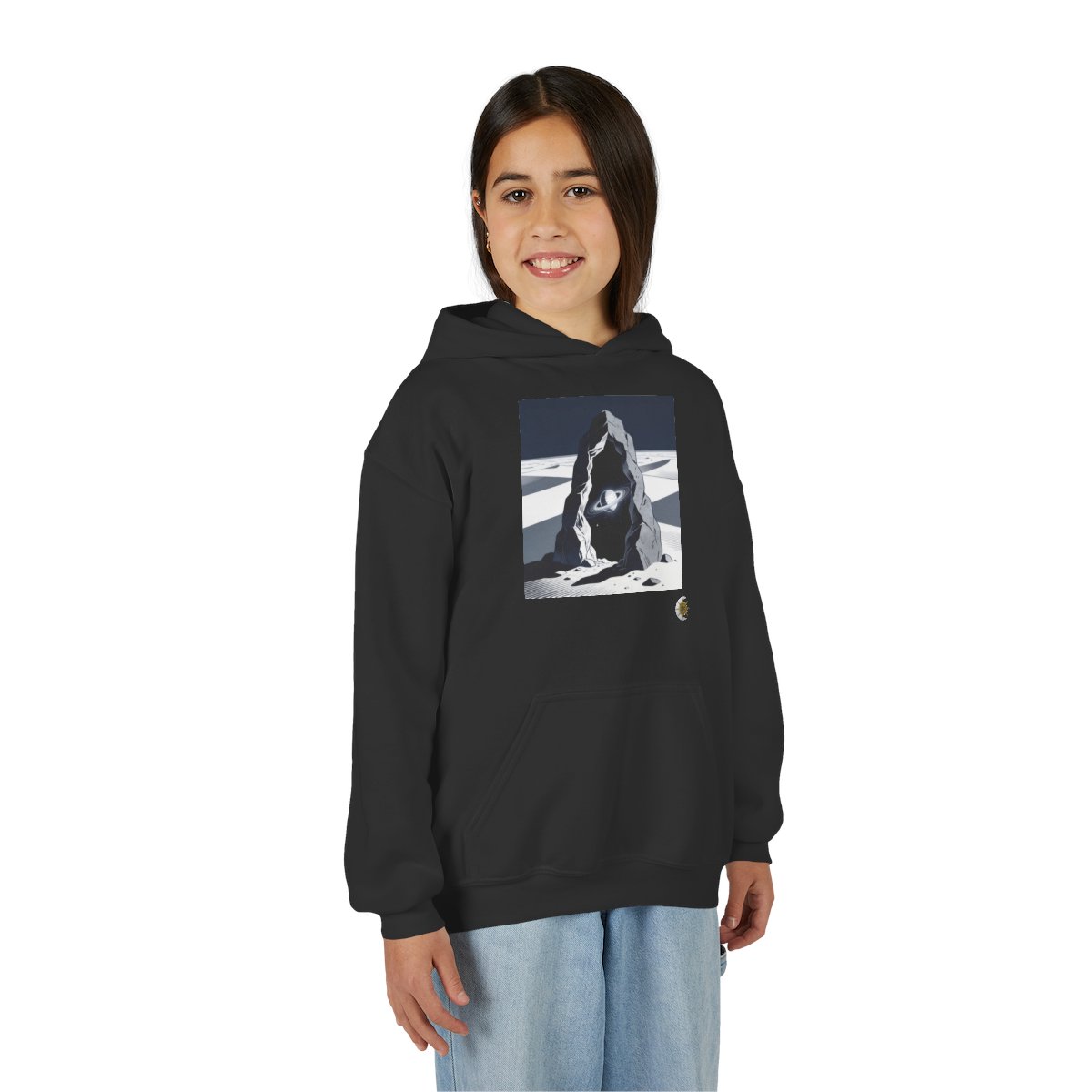 HD Celestial Gateway Youth Pullover Hoodie in Black, person 2 front view.
