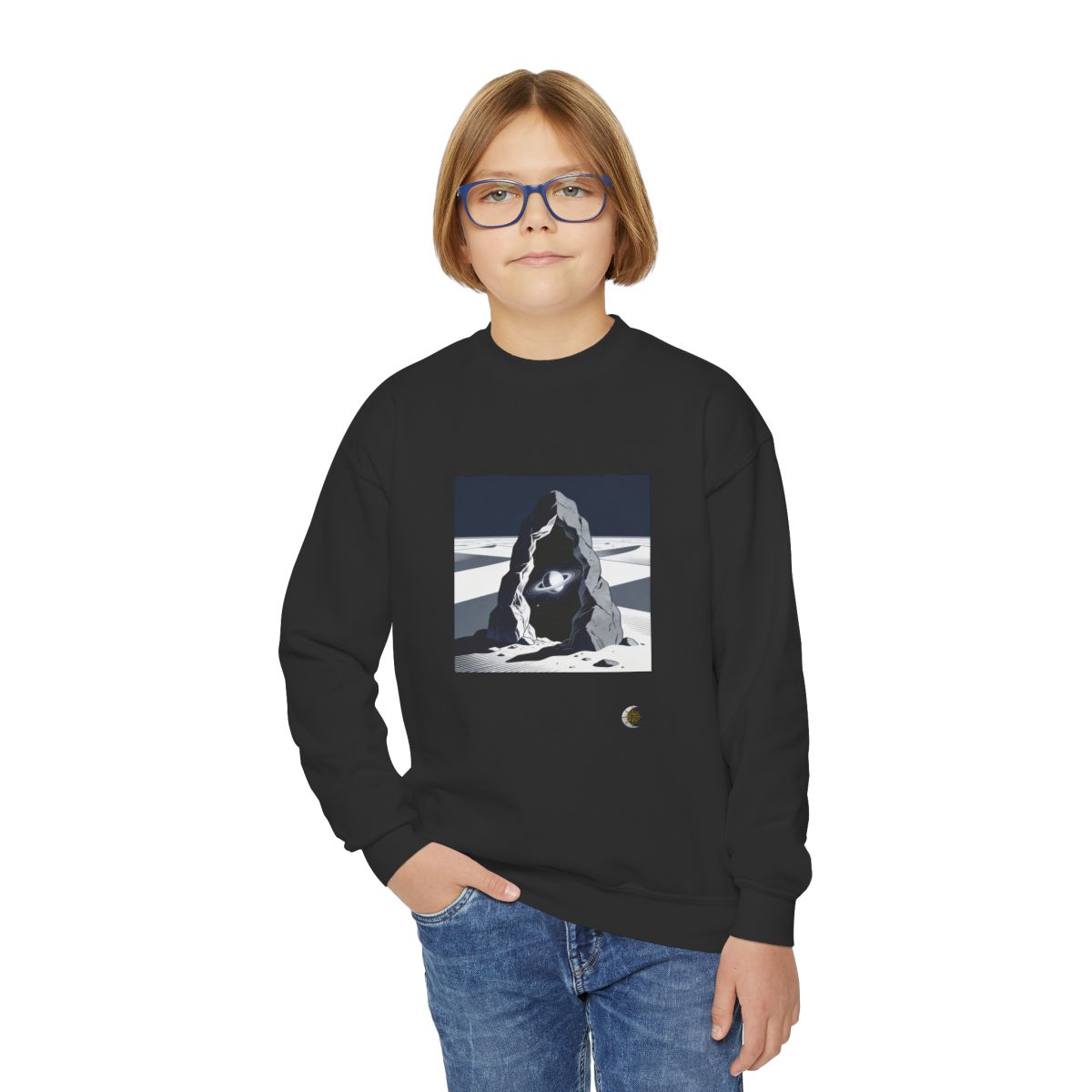 HD Celestial Gateway Youth Crewneck Sweatshirt in Black, person front 1 view.