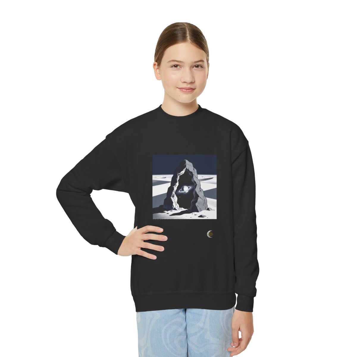 HD Celestial Gateway Youth Crewneck Sweatshirt in Black, person front 2 view.