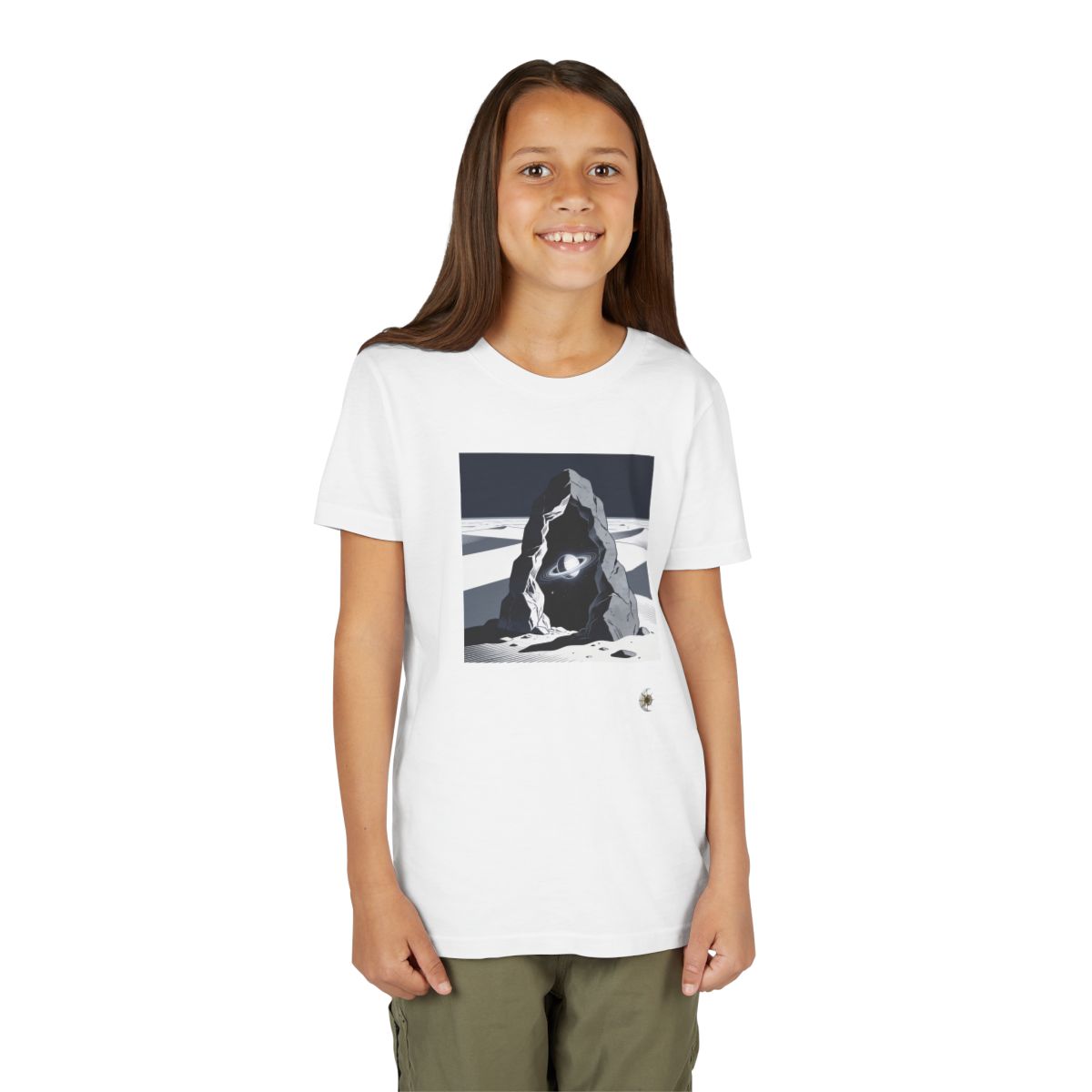 HD Celestial Gateway Youth Short Sleeve Tee in White, person 1 front view.