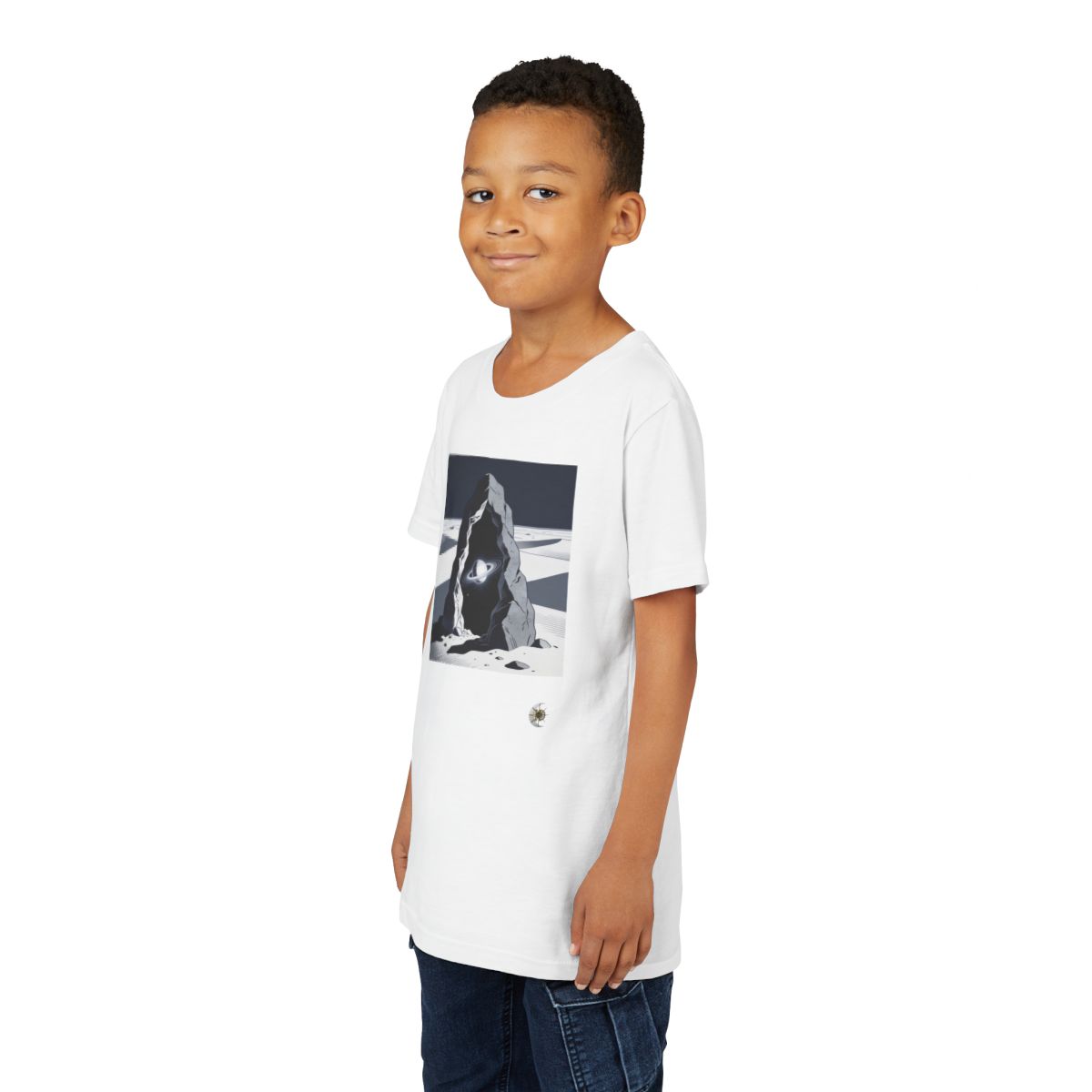HD Celestial Gateway Youth Short Sleeve Tee in White, person 2 front view.