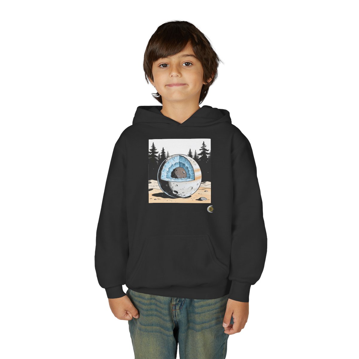 HD Frost Core Youth Pullover Hoodie in Black, person 1 front view.