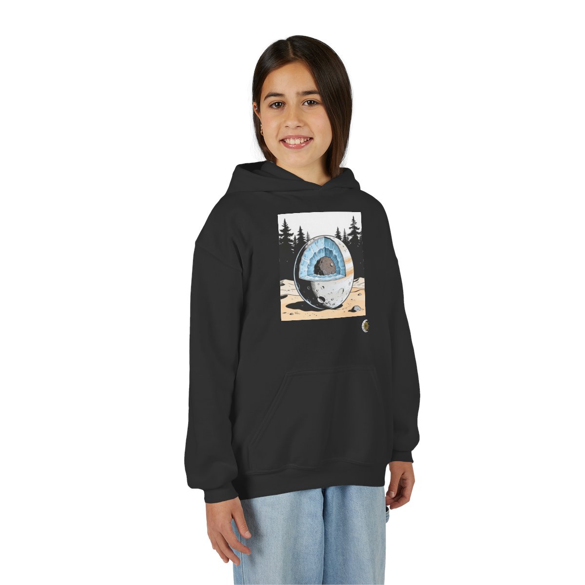 HD Frost Core Youth Pullover Hoodie in Black, person 2 front view.