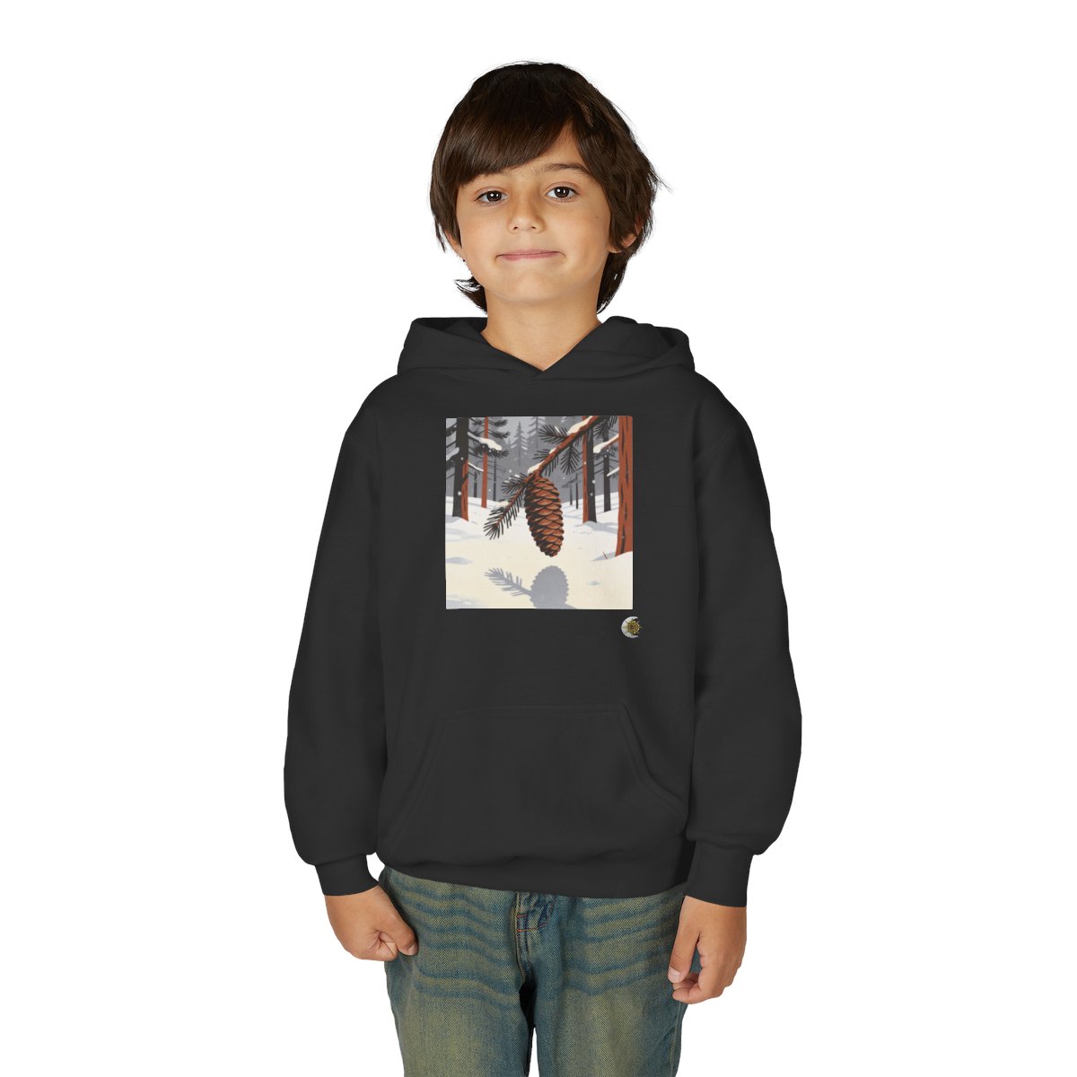 HD Winter Cone Youth Pullover Hoodie in Black, person 1 front view.