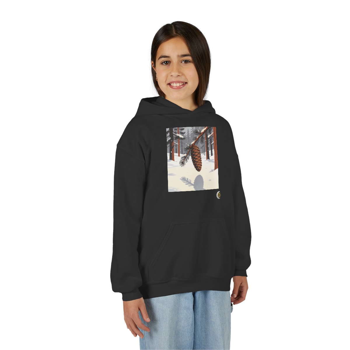 HD Winter Cone Youth Pullover Hoodie in Black, person 2 front view.