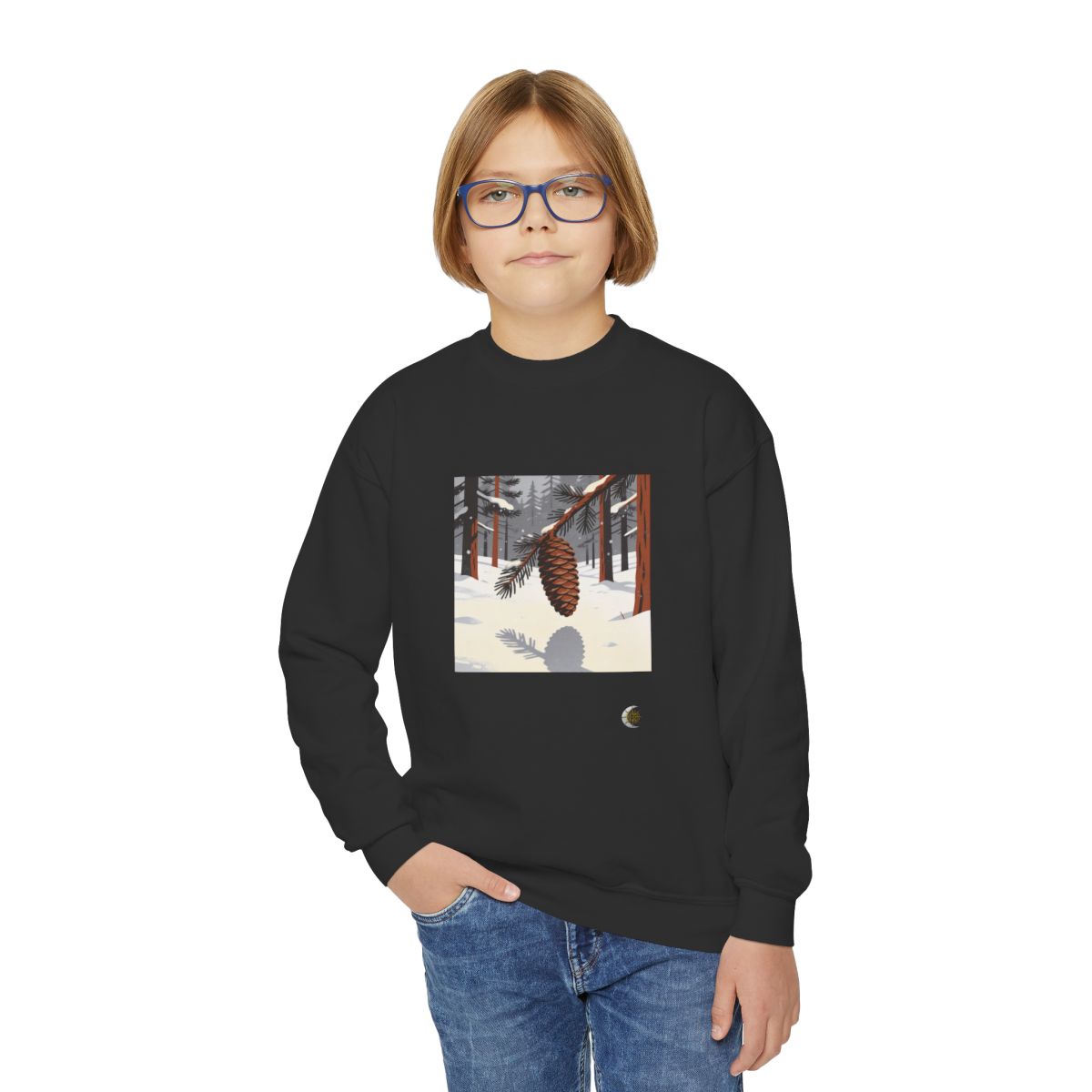 HD Winter Cone Youth Crewneck Sweatshirt in Black, person front 1 view.