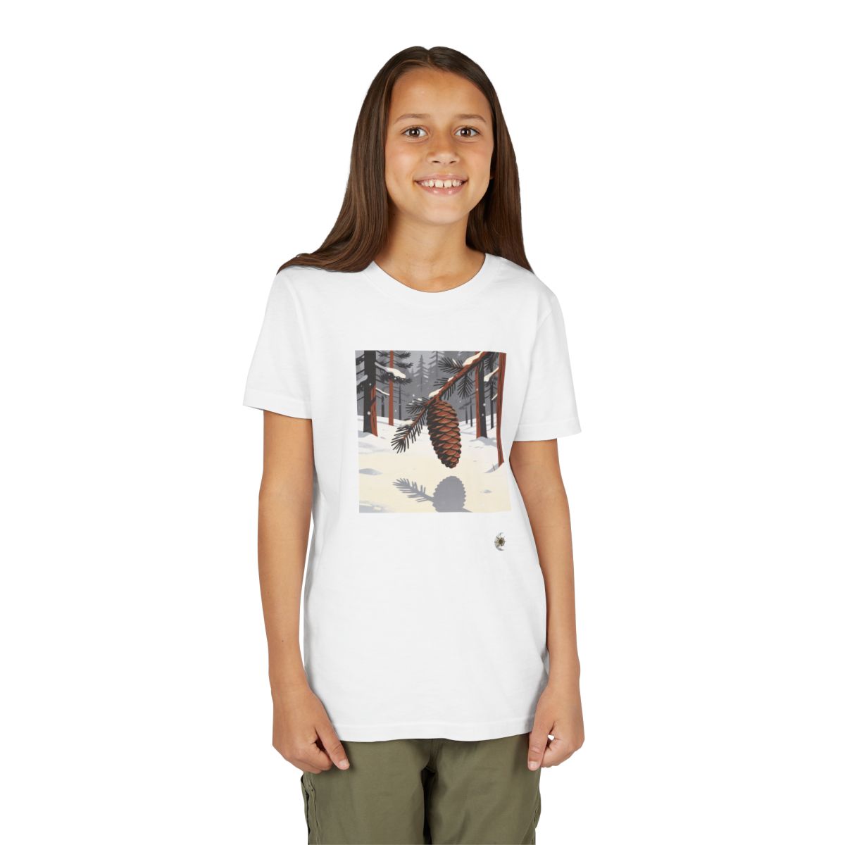 HD Winter Cone Youth Short Sleeve Tee in White, person 1 front view.