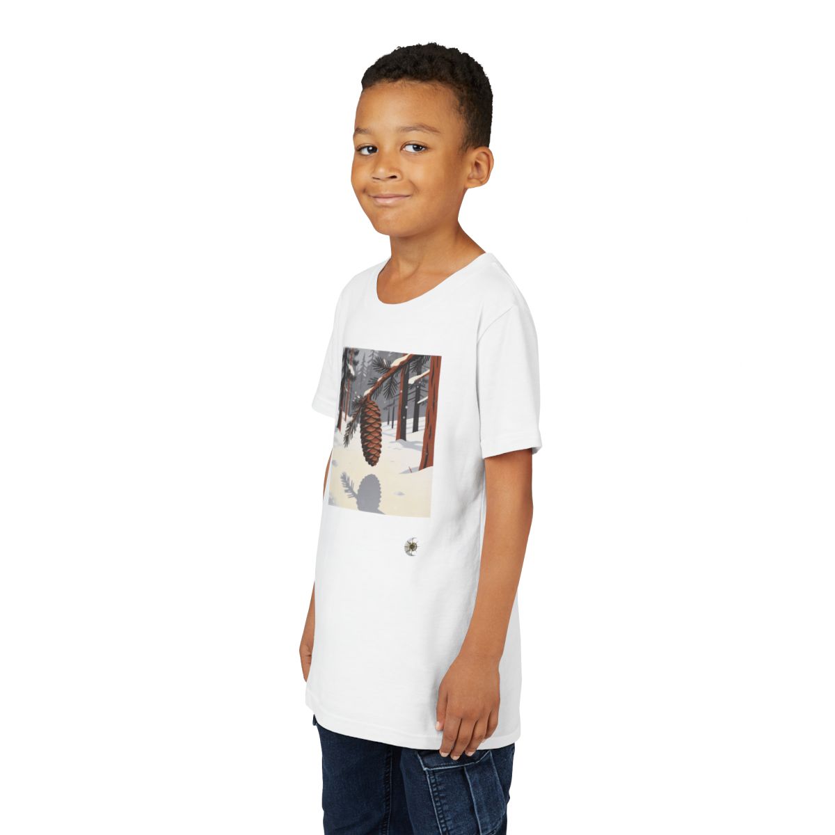 HD Winter Cone Youth Short Sleeve Tee in White, person 2 front view.