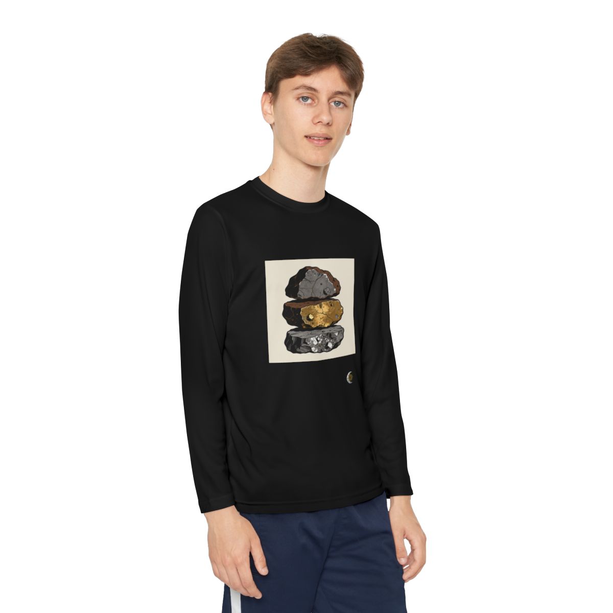 HD Mineral Layers Youth Long Sleeve Competitor Tee in Black, person 1 view.