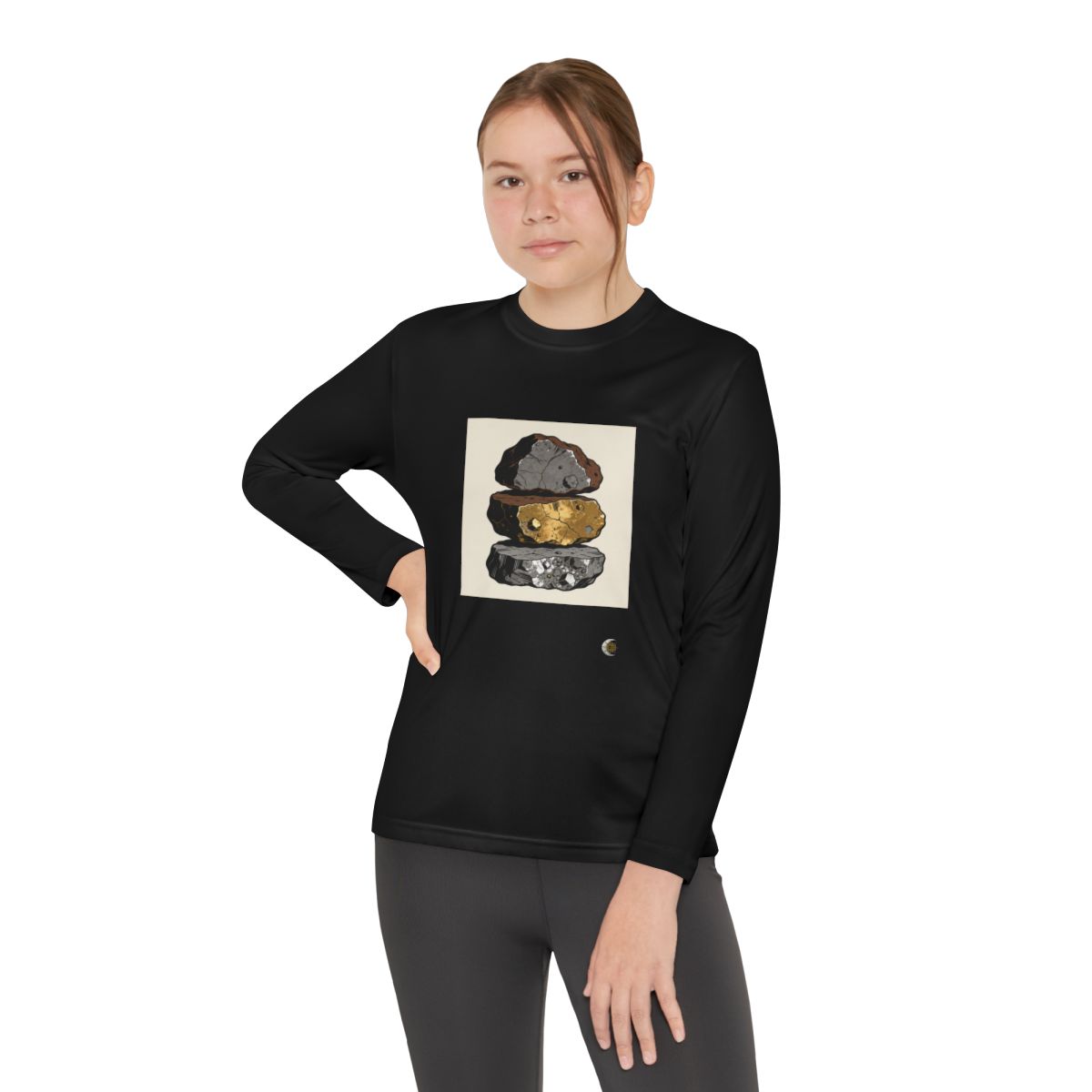 HD Mineral Layers Youth Long Sleeve Competitor Tee in Black, person 2 view.